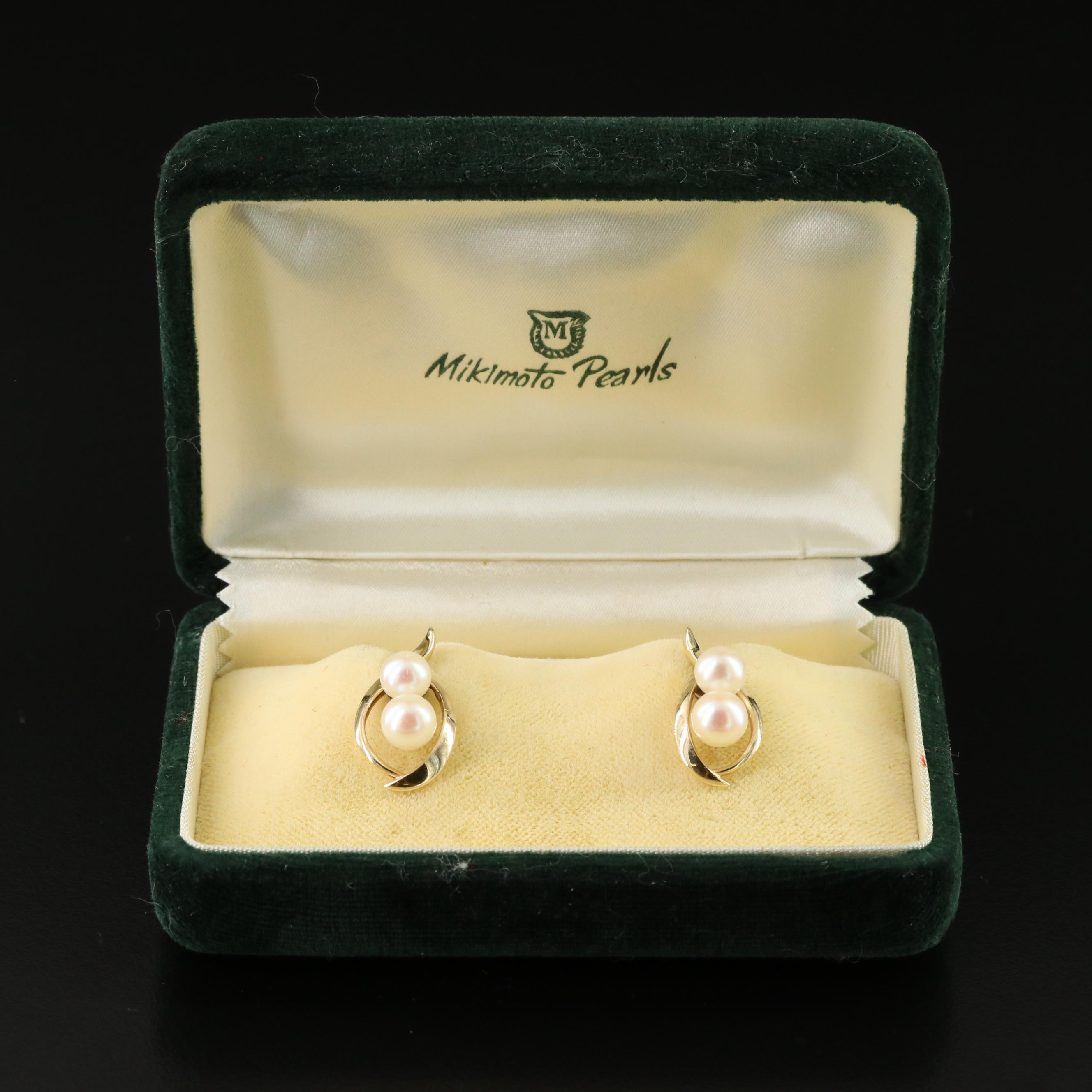 Mikimoto 14K Double Pearl Earrings