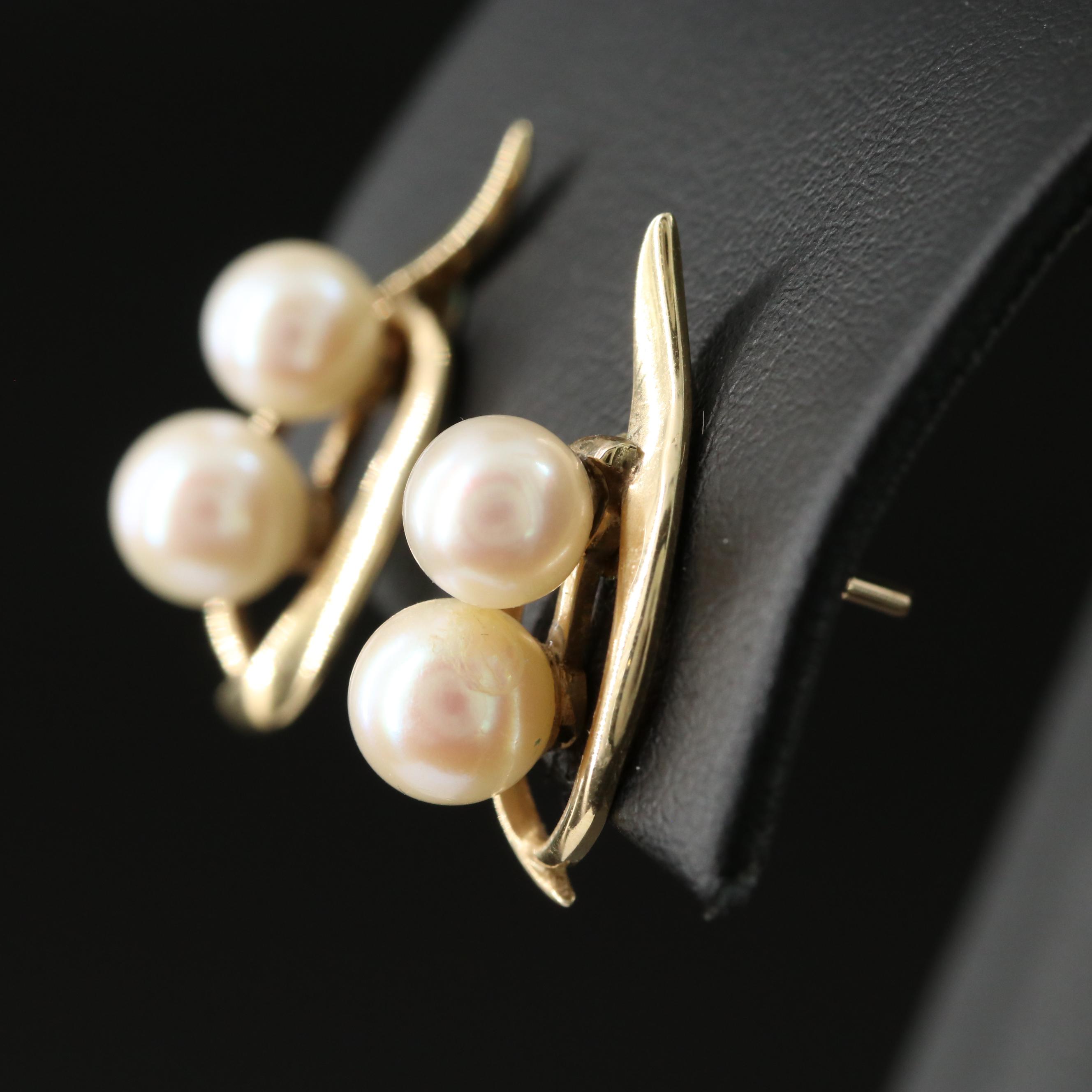 Mikimoto 14K Double Pearl Earrings