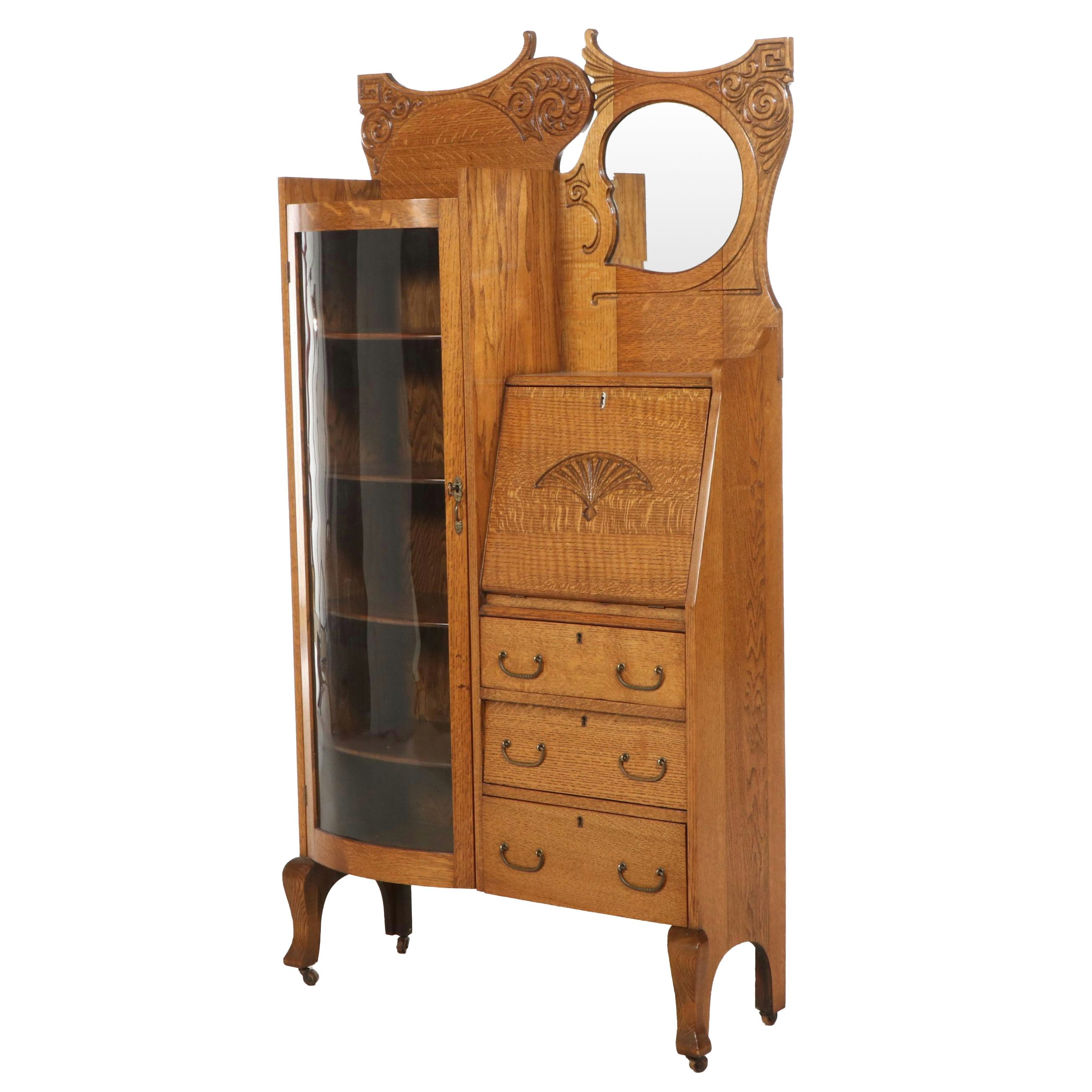 Late Victorian Oak Side-by-Side Secretaire Bookcase, Late 19th/Early 20th C.