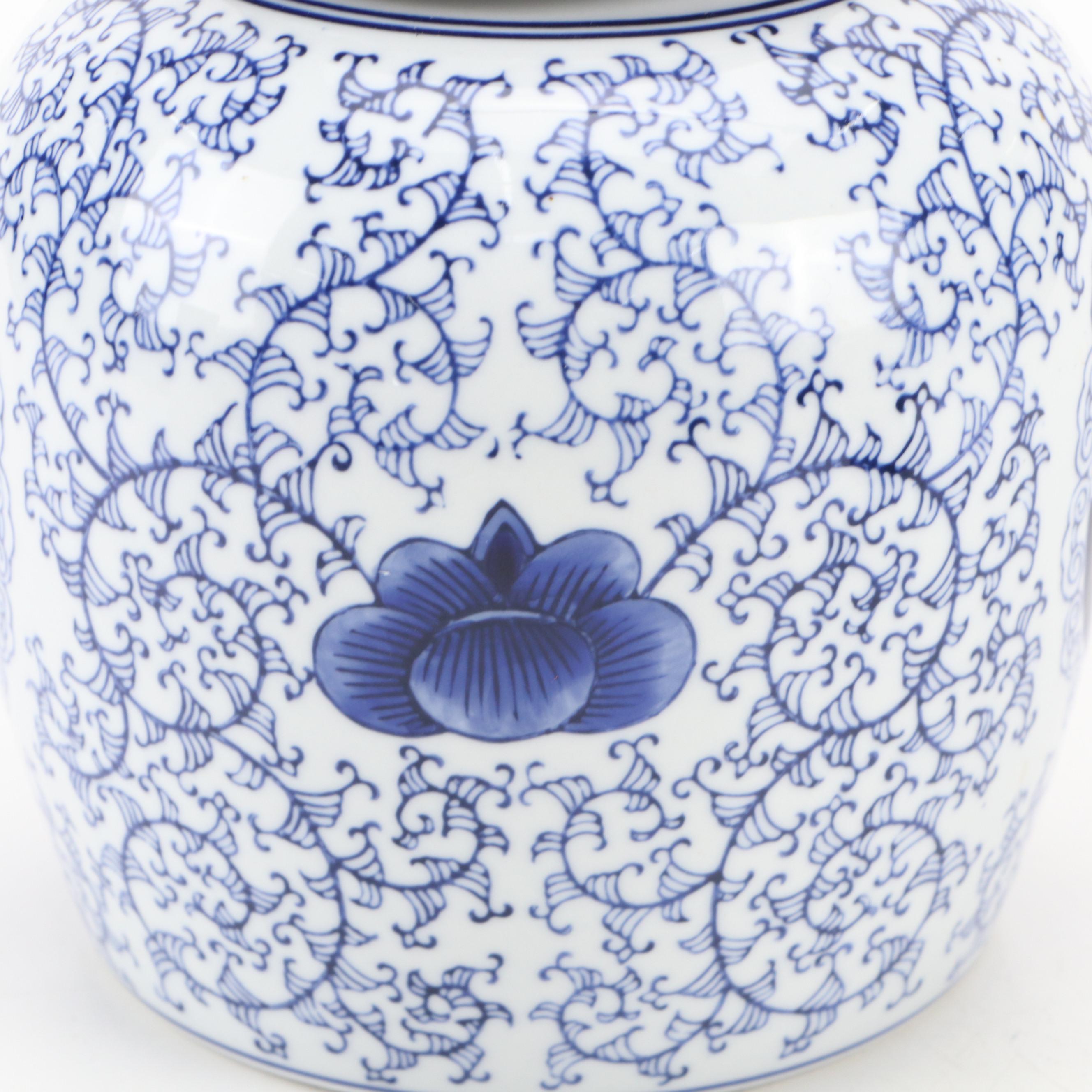 Chinese Cloisonne Bowl with Porcelain Blue and White Ginger Jar