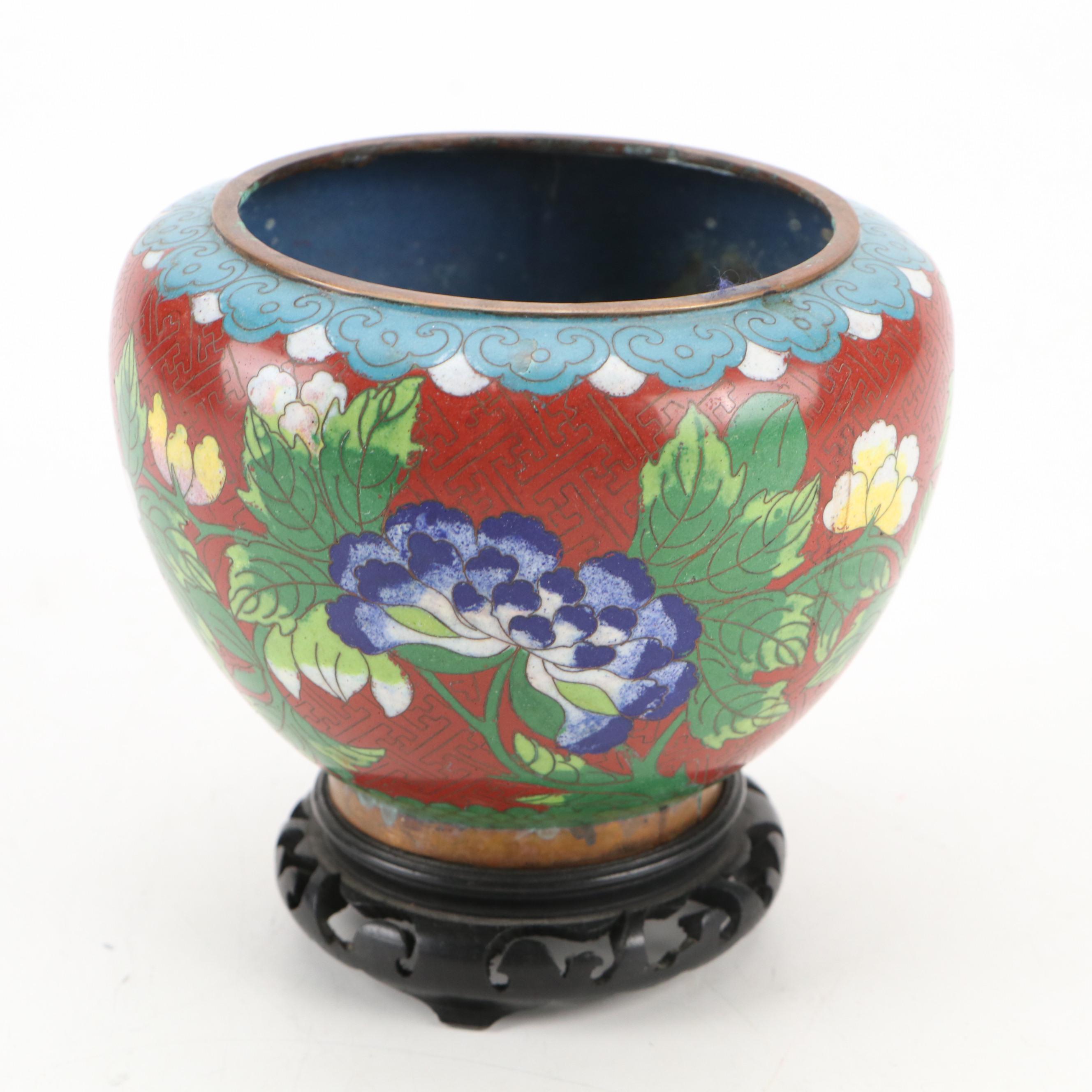 Chinese Cloisonne Bowl with Porcelain Blue and White Ginger Jar