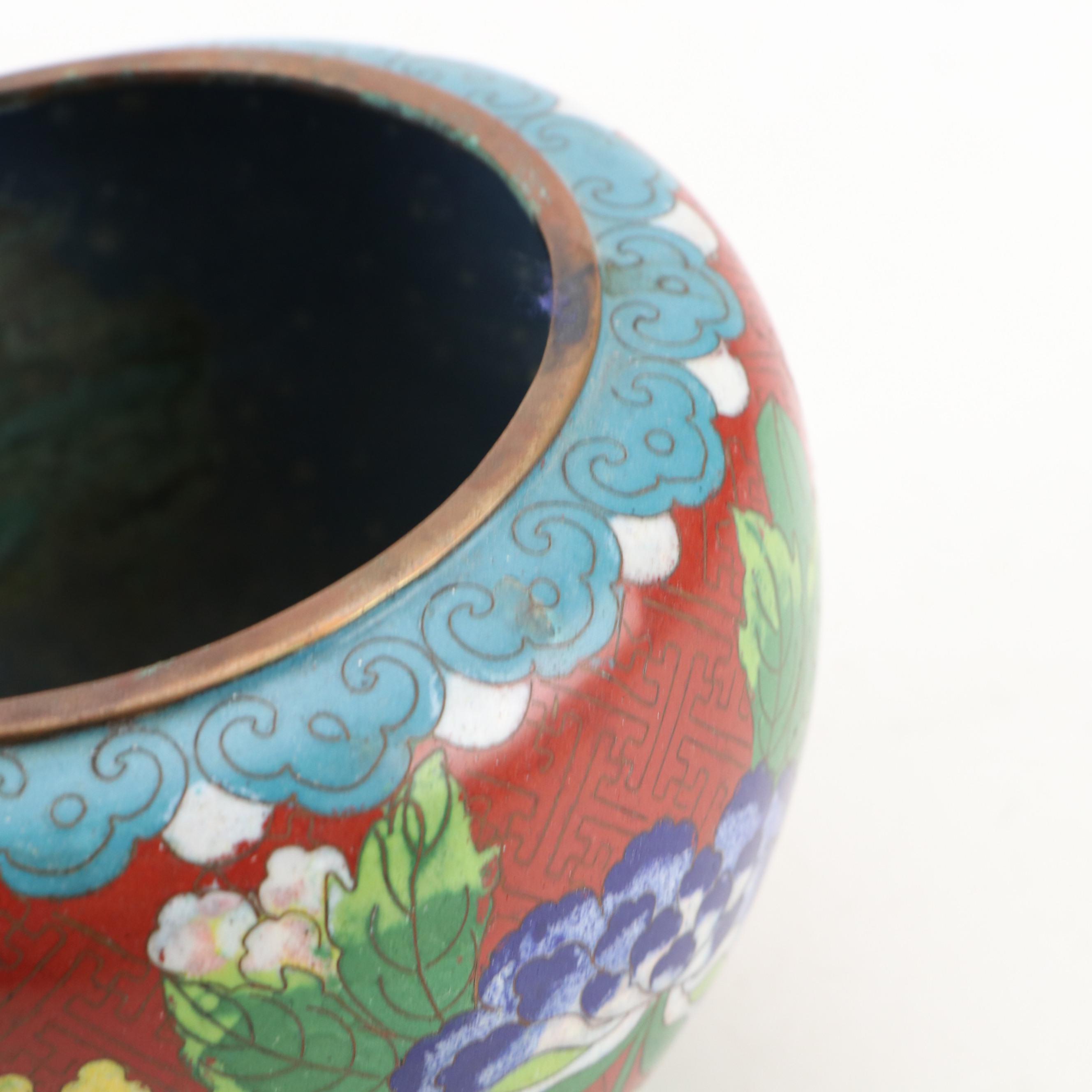 Chinese Cloisonne Bowl with Porcelain Blue and White Ginger Jar