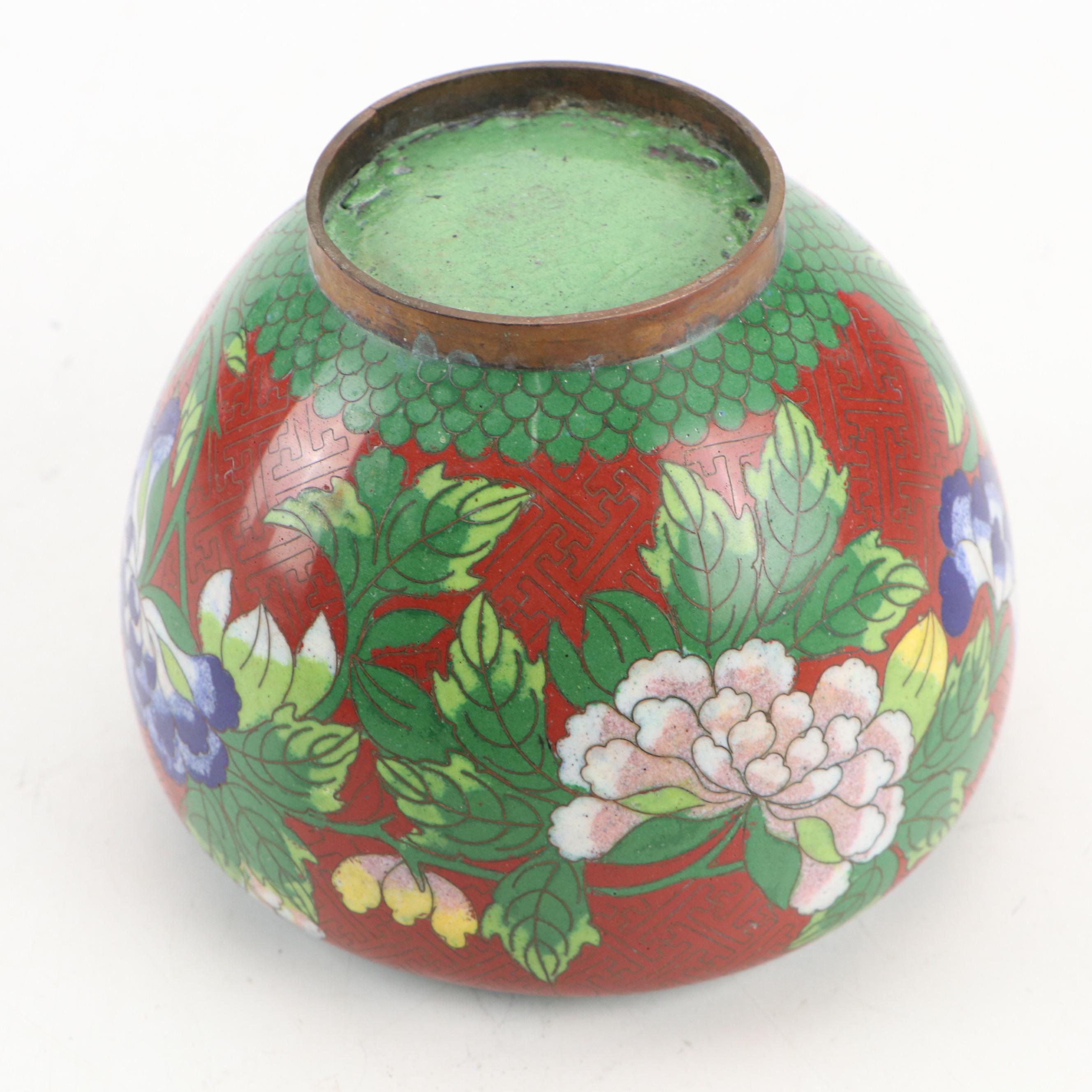 Chinese Cloisonne Bowl with Porcelain Blue and White Ginger Jar