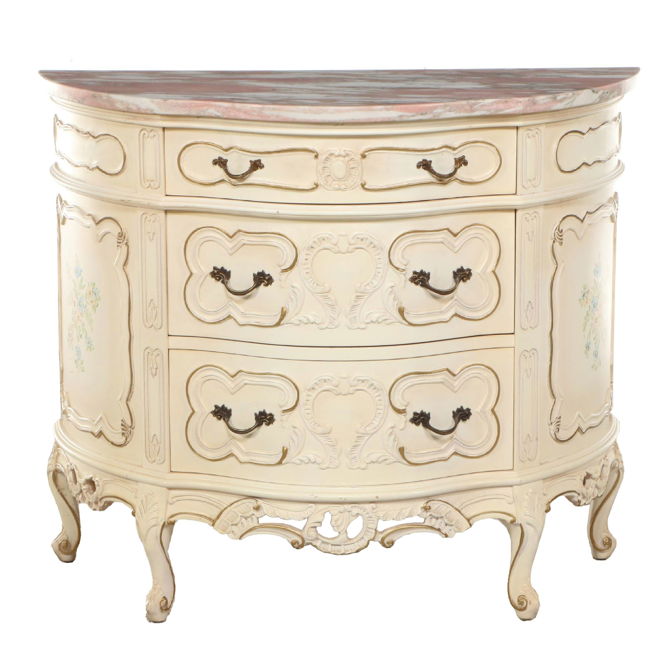 French Provincial Style Marble Top Three-Drawer Demilune Commode
