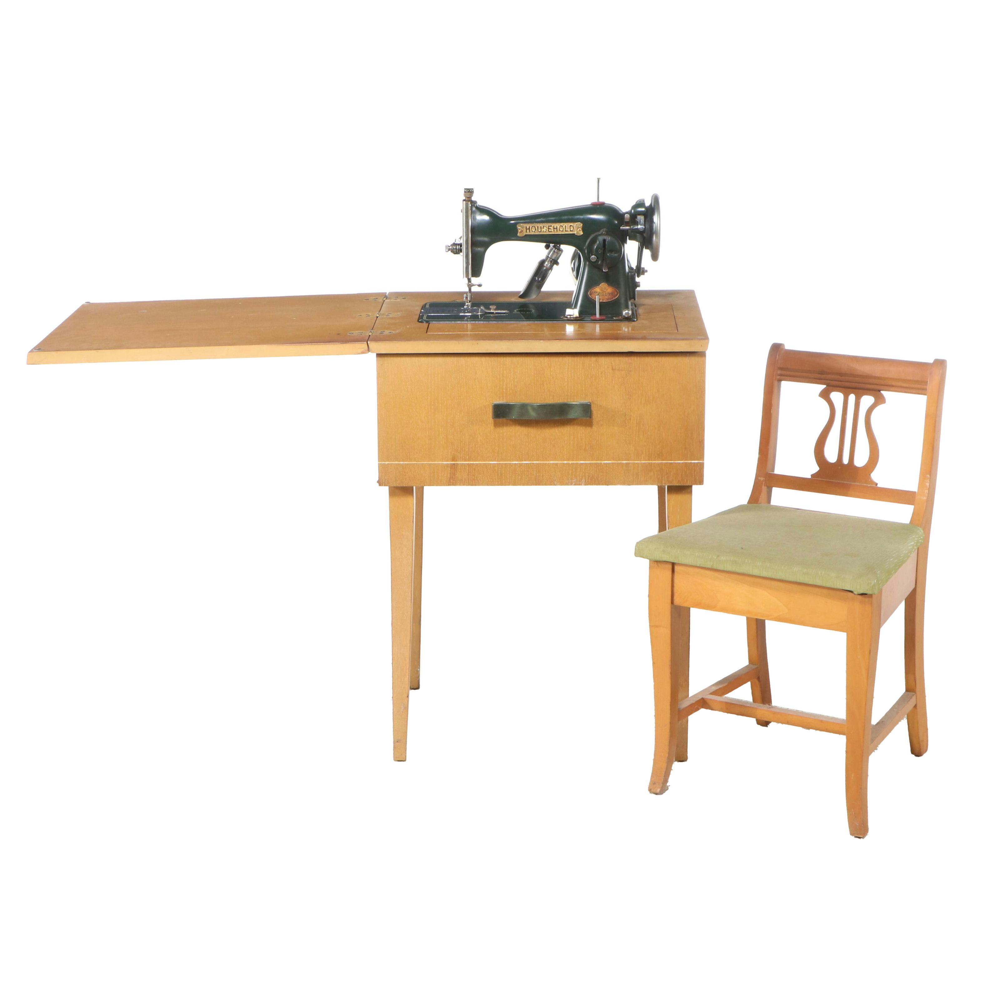 Oak Sewing Table with DeLuxe Model 1954 Household Sewing Machine and Chair