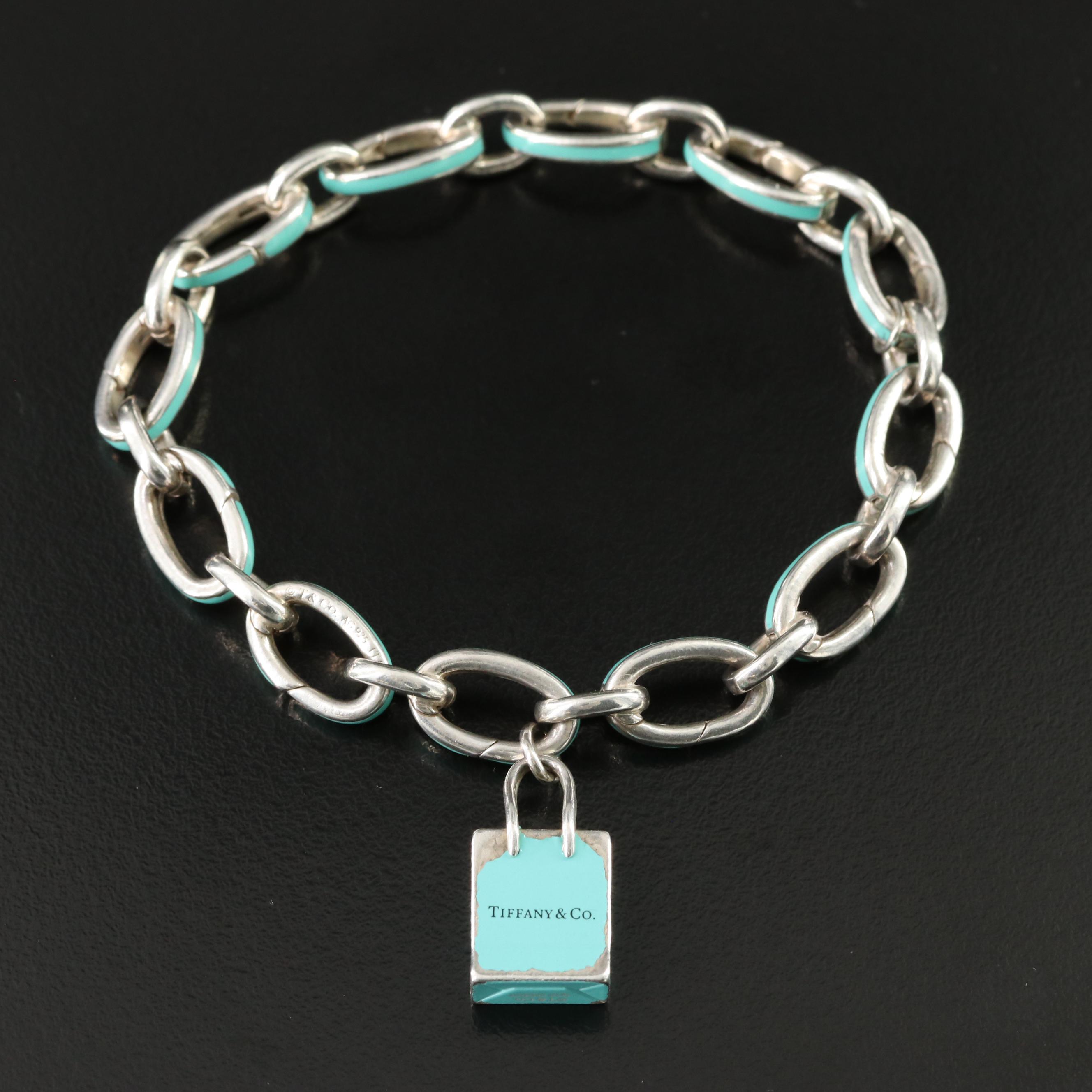 Tiffany & Co. Sterling Blue Enamel Clasping Link Bracelet and Shopping Bag Charm