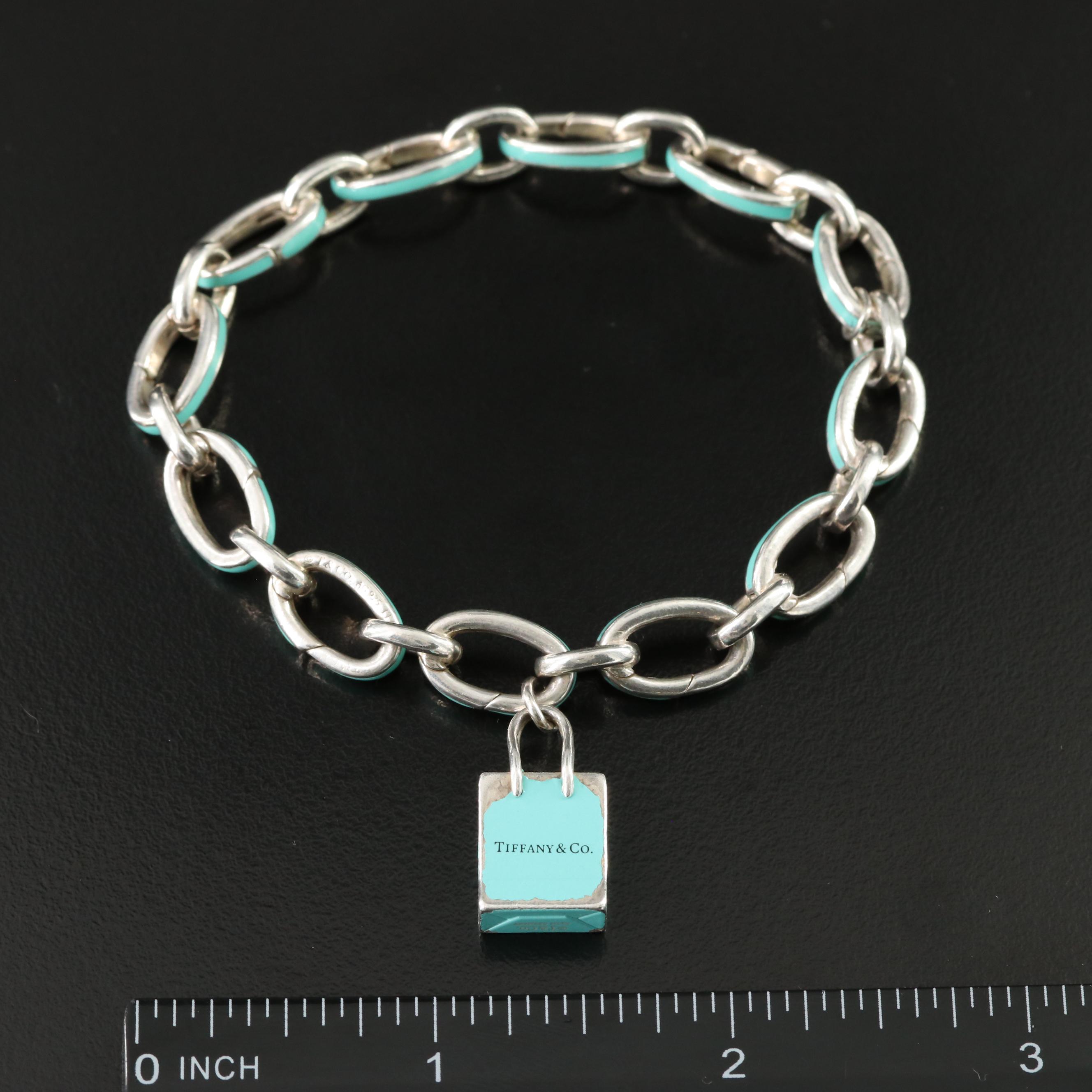 Tiffany & Co. Sterling Blue Enamel Clasping Link Bracelet and Shopping Bag Charm