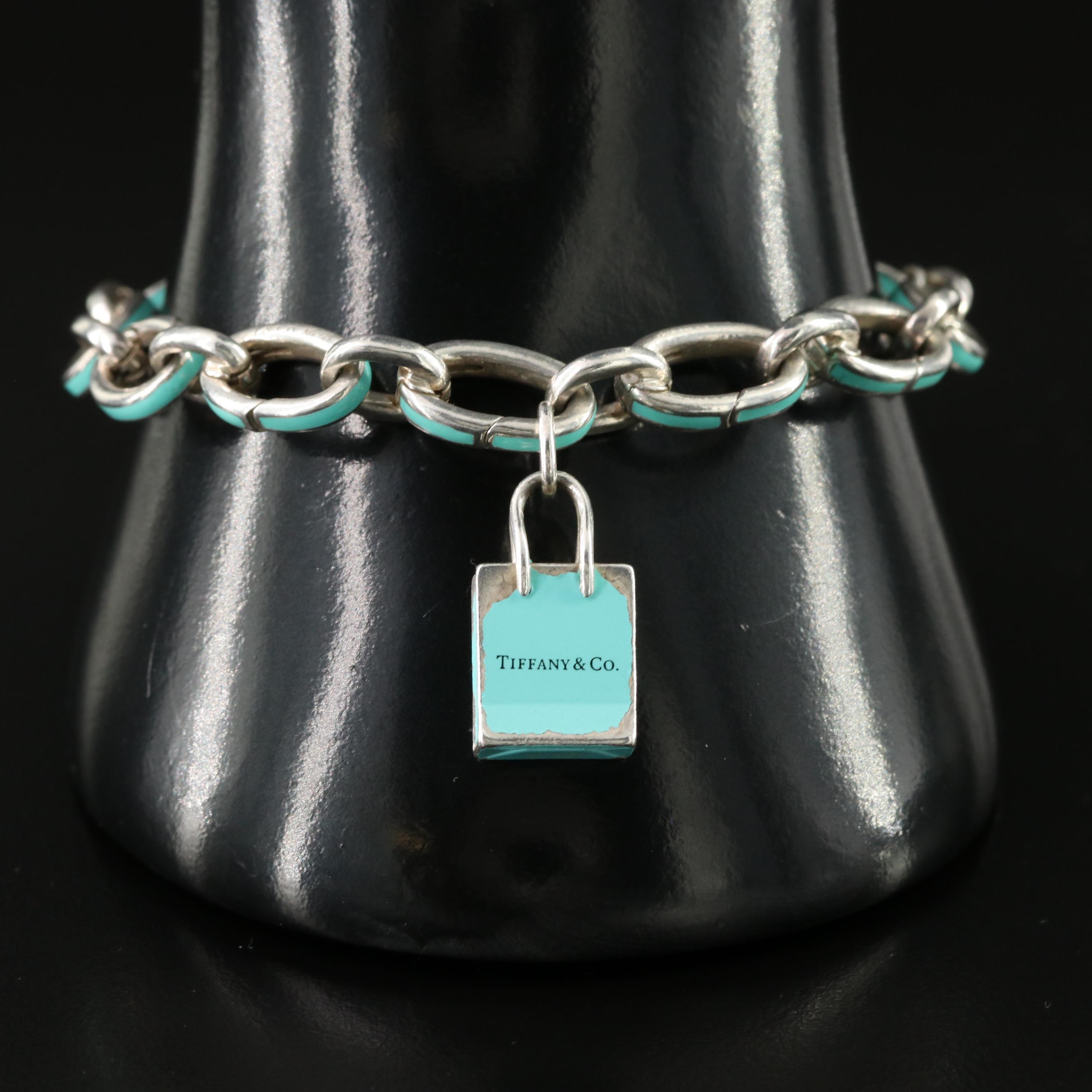 Tiffany & Co. Sterling Blue Enamel Clasping Link Bracelet and Shopping Bag Charm