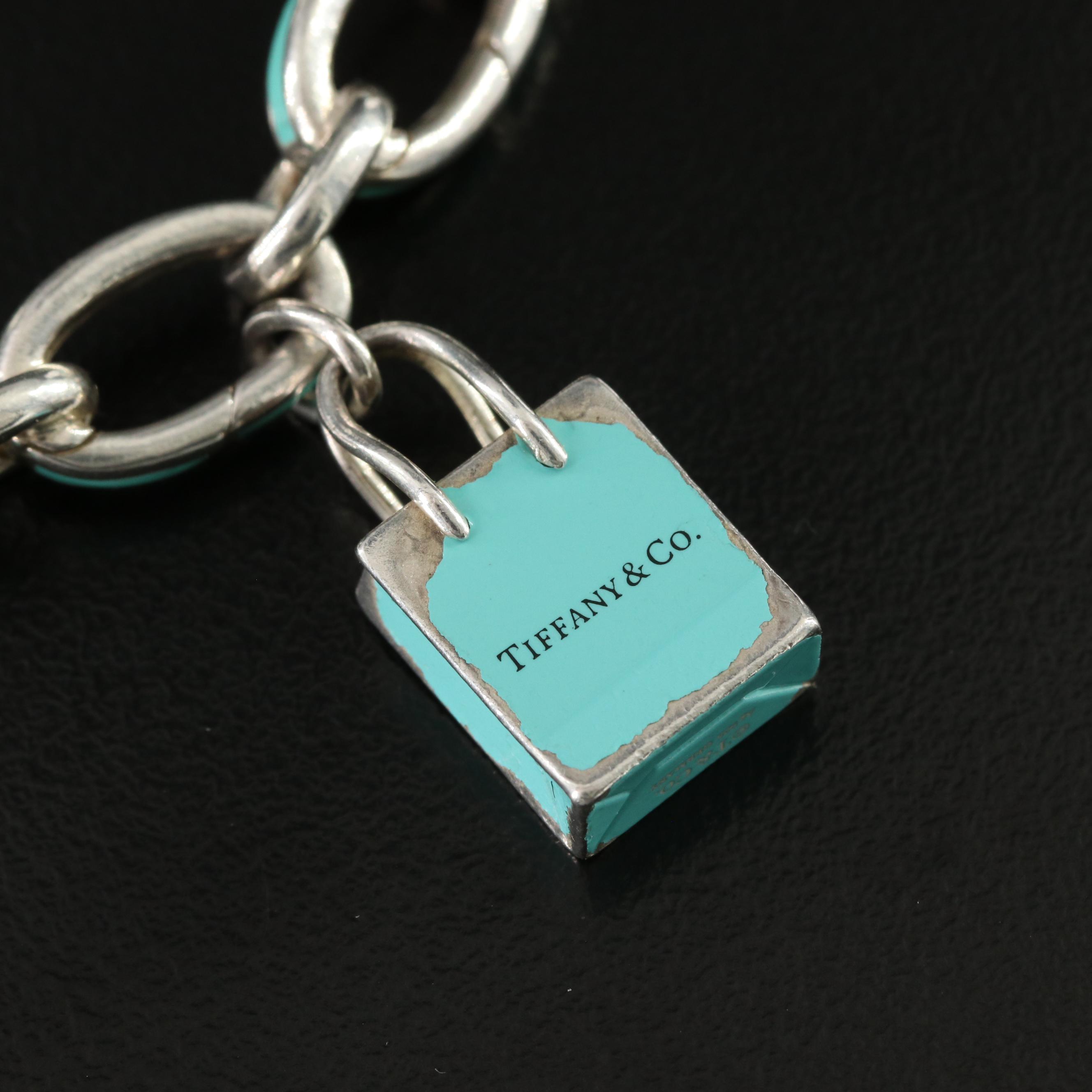 Tiffany & Co. Sterling Blue Enamel Clasping Link Bracelet and Shopping Bag Charm