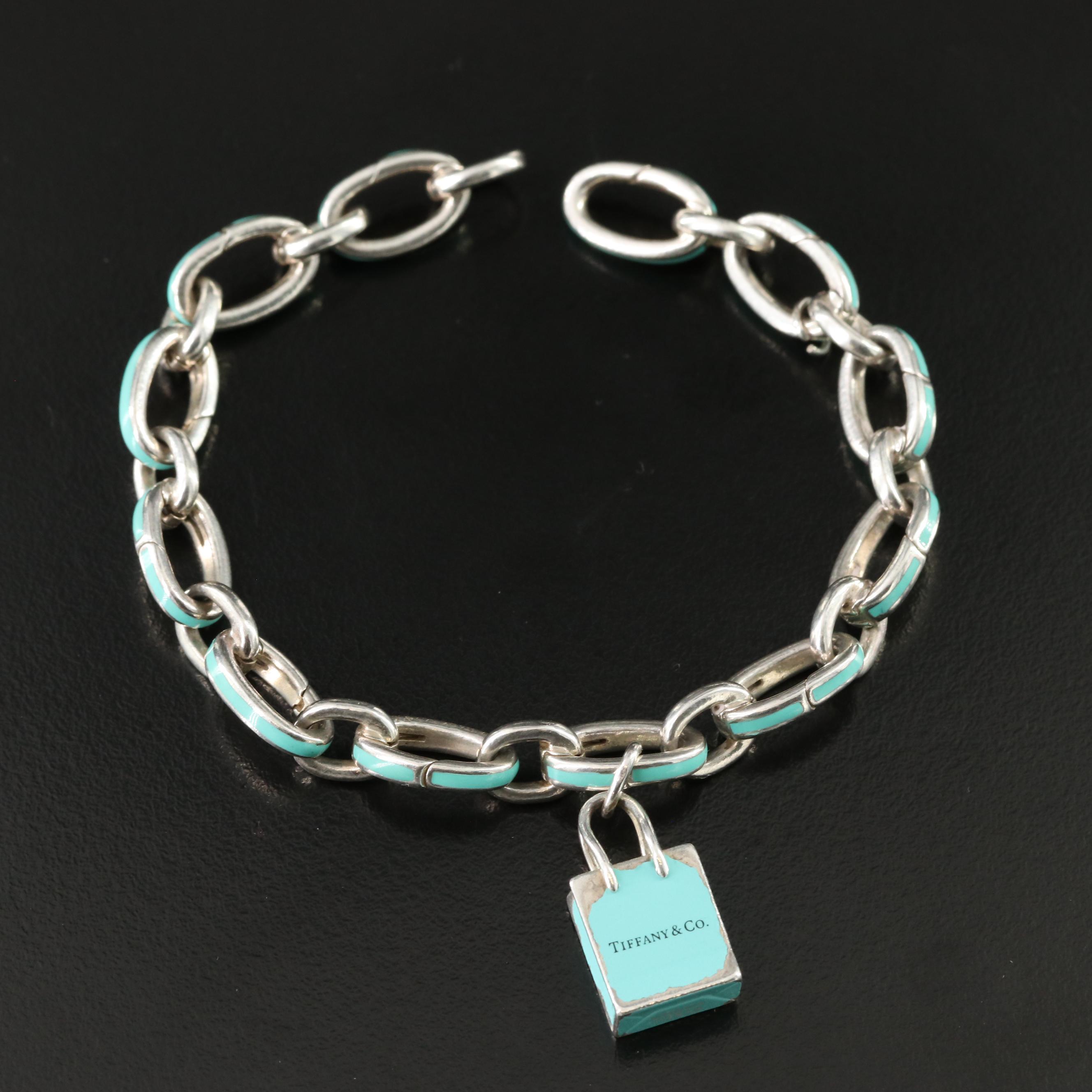 Tiffany & Co. Sterling Blue Enamel Clasping Link Bracelet and Shopping Bag Charm