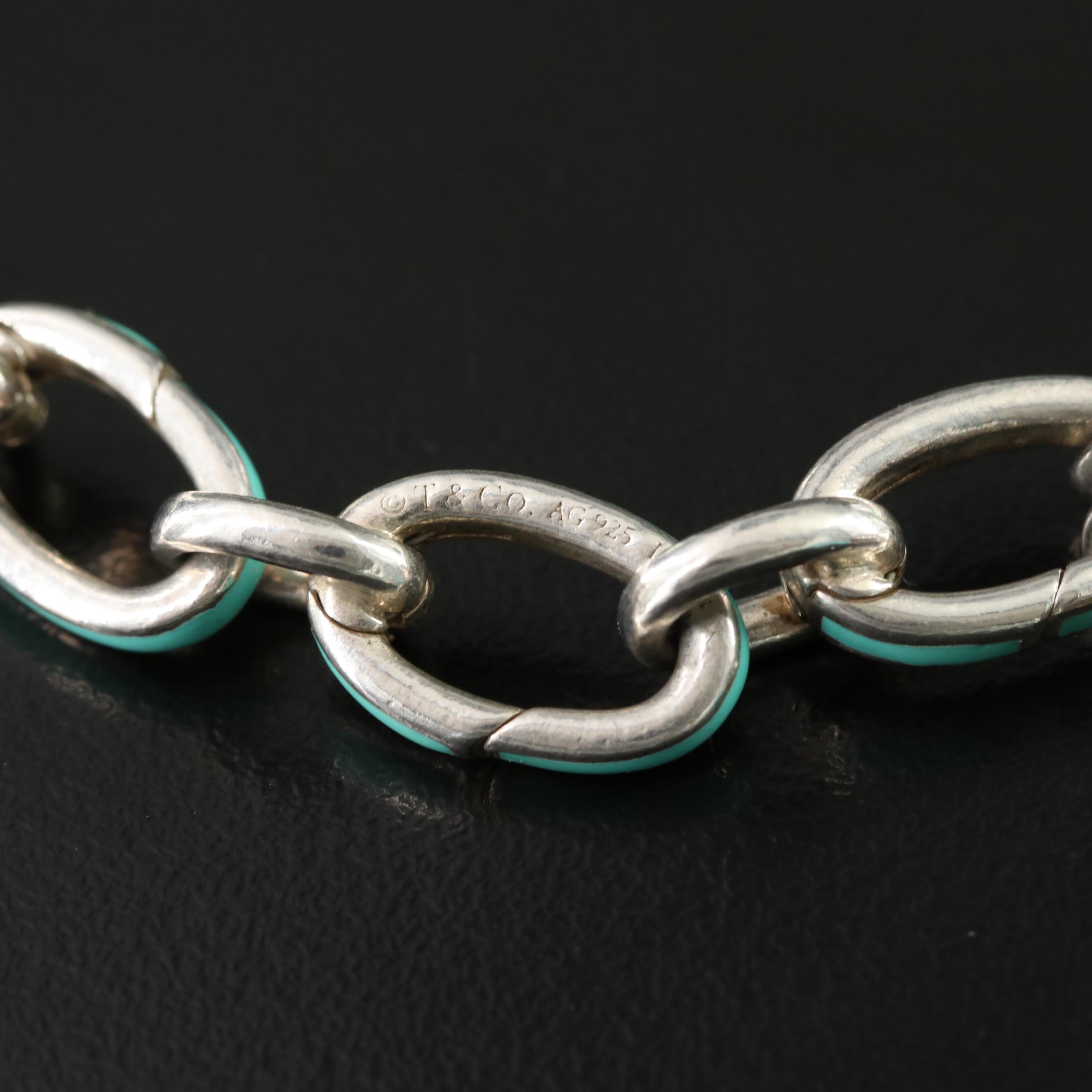 Tiffany & Co. Sterling Blue Enamel Clasping Link Bracelet and Shopping Bag Charm