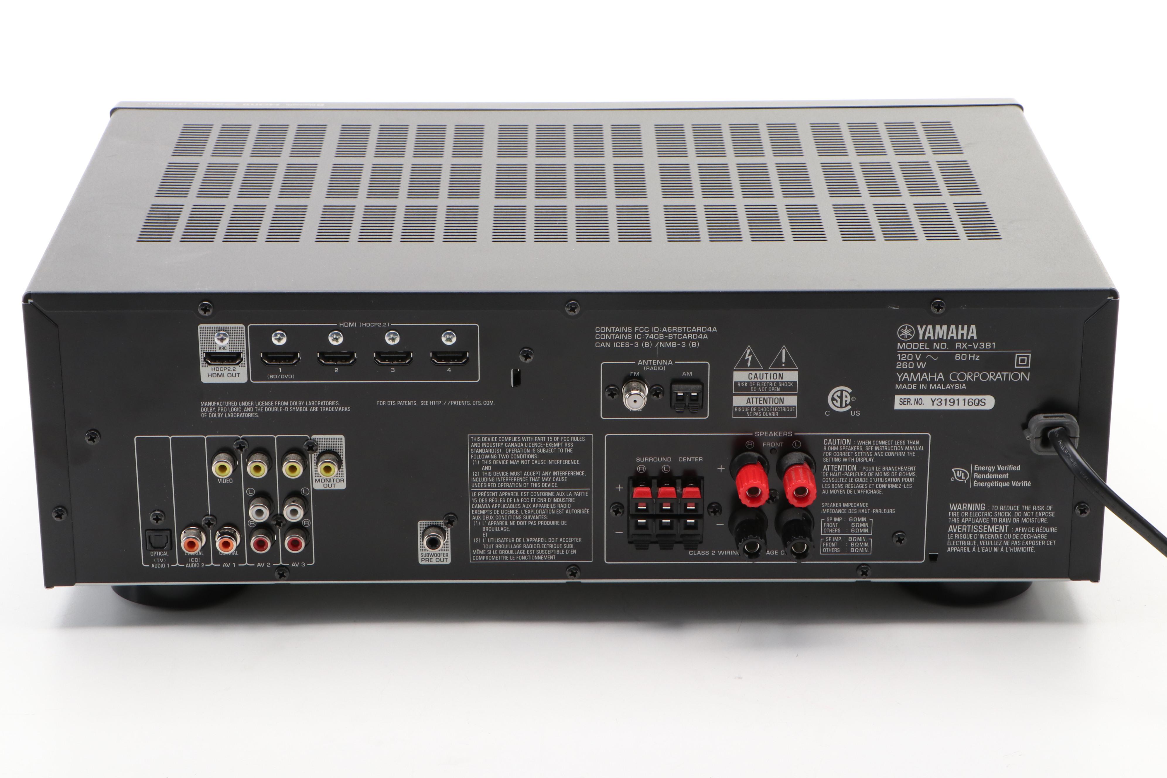 Yamaha RX-V381 AV Receiver with JBL Sub135 Subwoofer Speaker