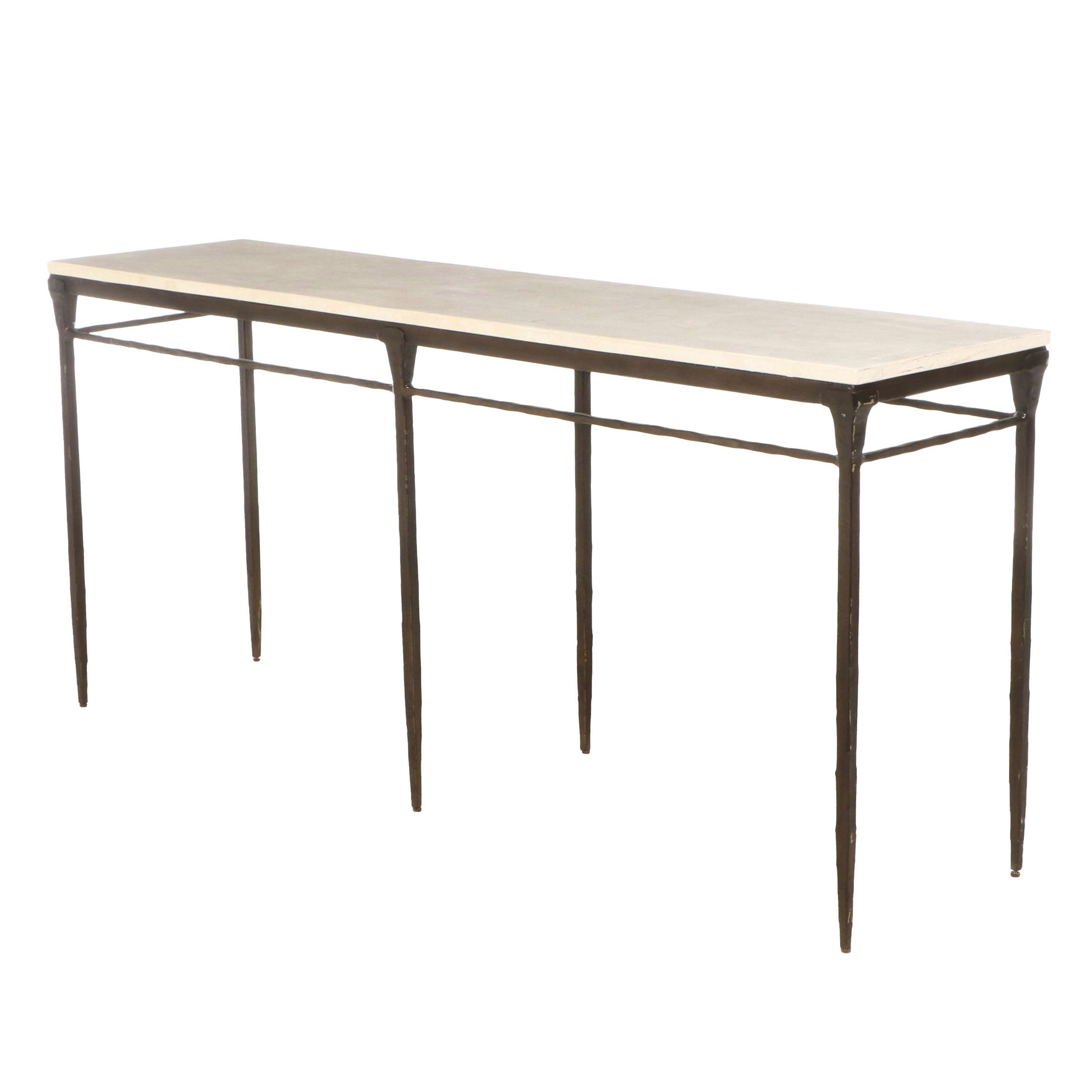 Bernhardt Wrought Iron Console Table with Tessellated Travertine Marble Top