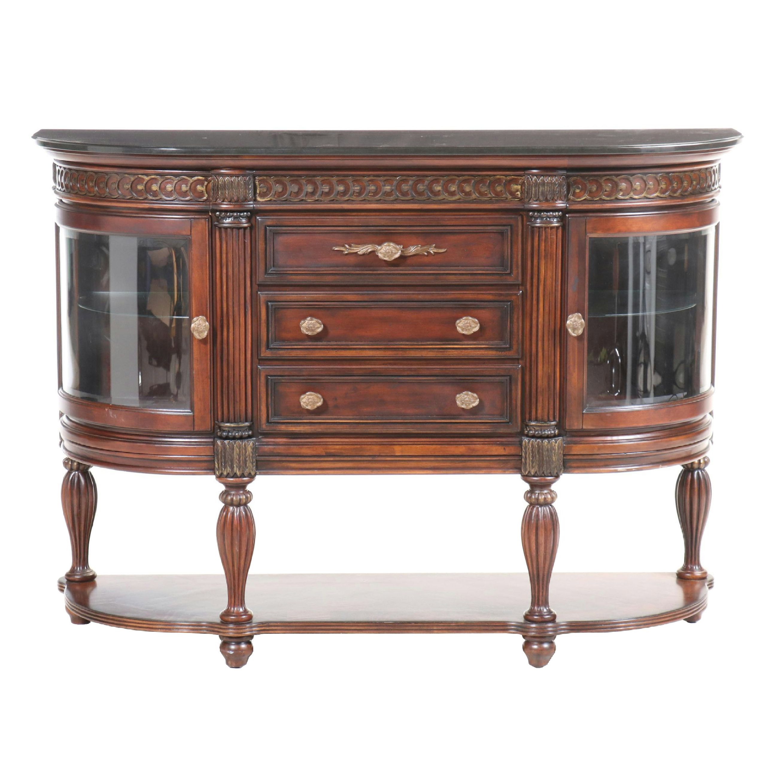 American Signature Neoclassical Style Granite Top Mahogany-Stained Sideboard