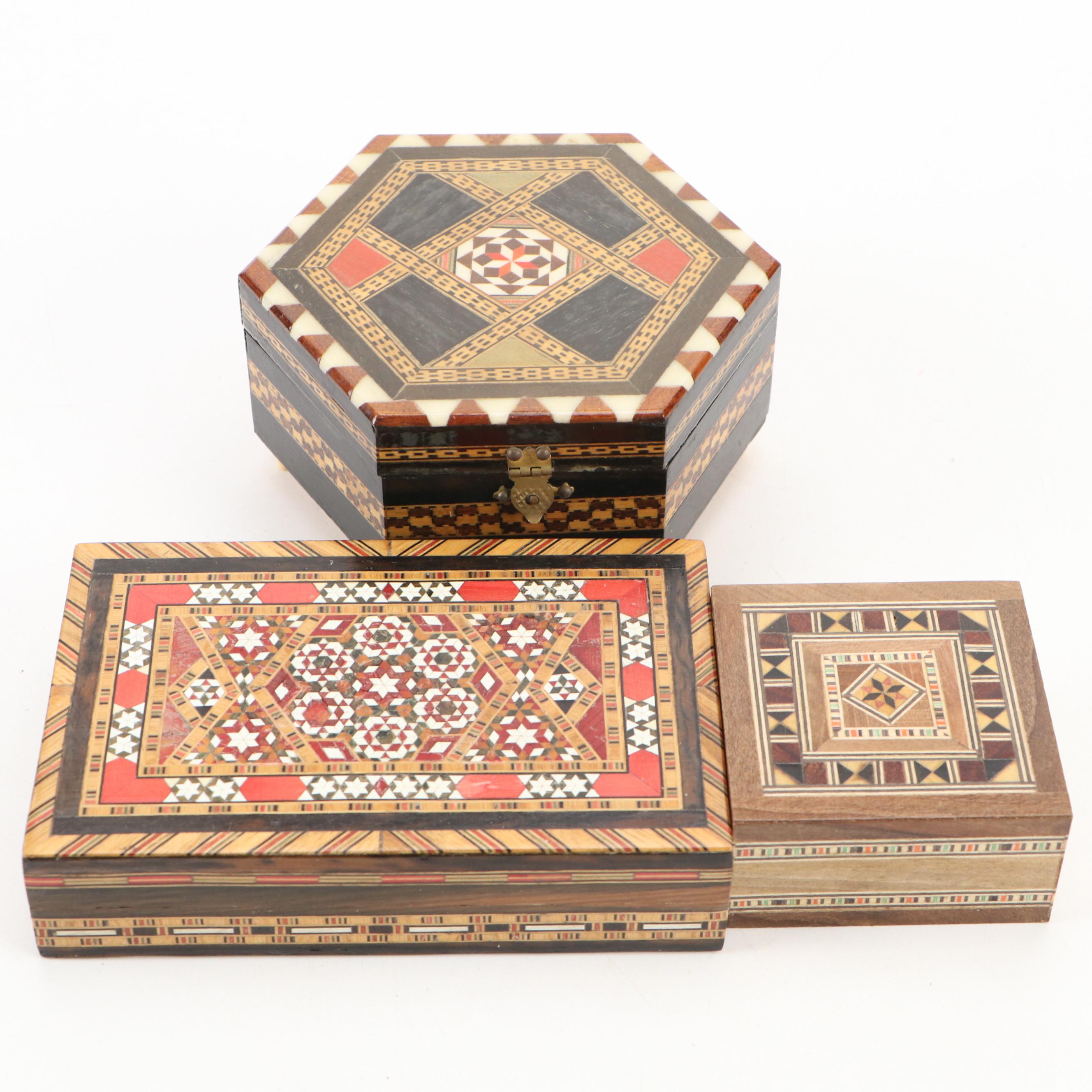 Mosaic Inlaid Wooden Boxes with Spanish Inlay Footed Music Box