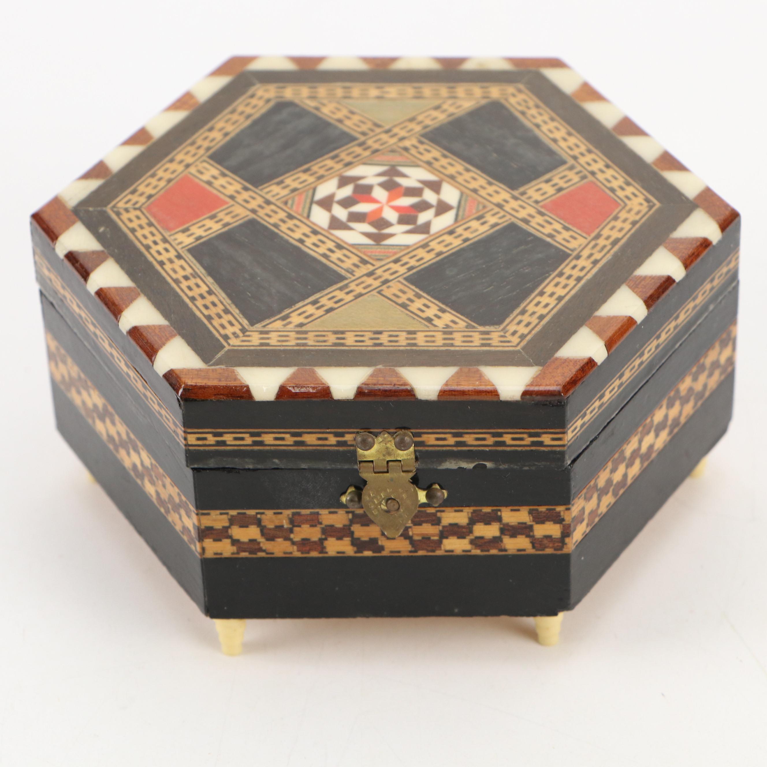 Mosaic Inlaid Wooden Boxes with Spanish Inlay Footed Music Box