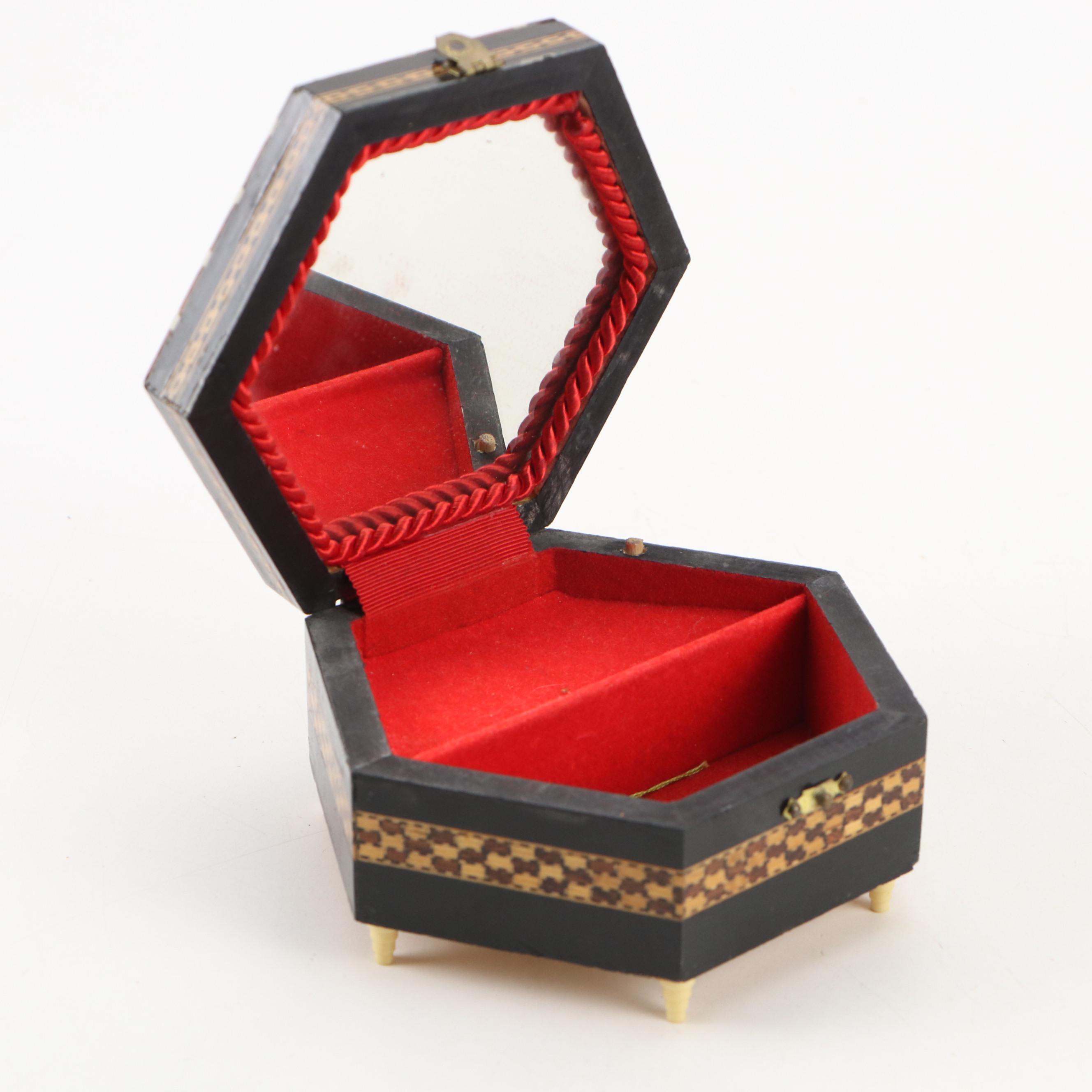 Mosaic Inlaid Wooden Boxes with Spanish Inlay Footed Music Box