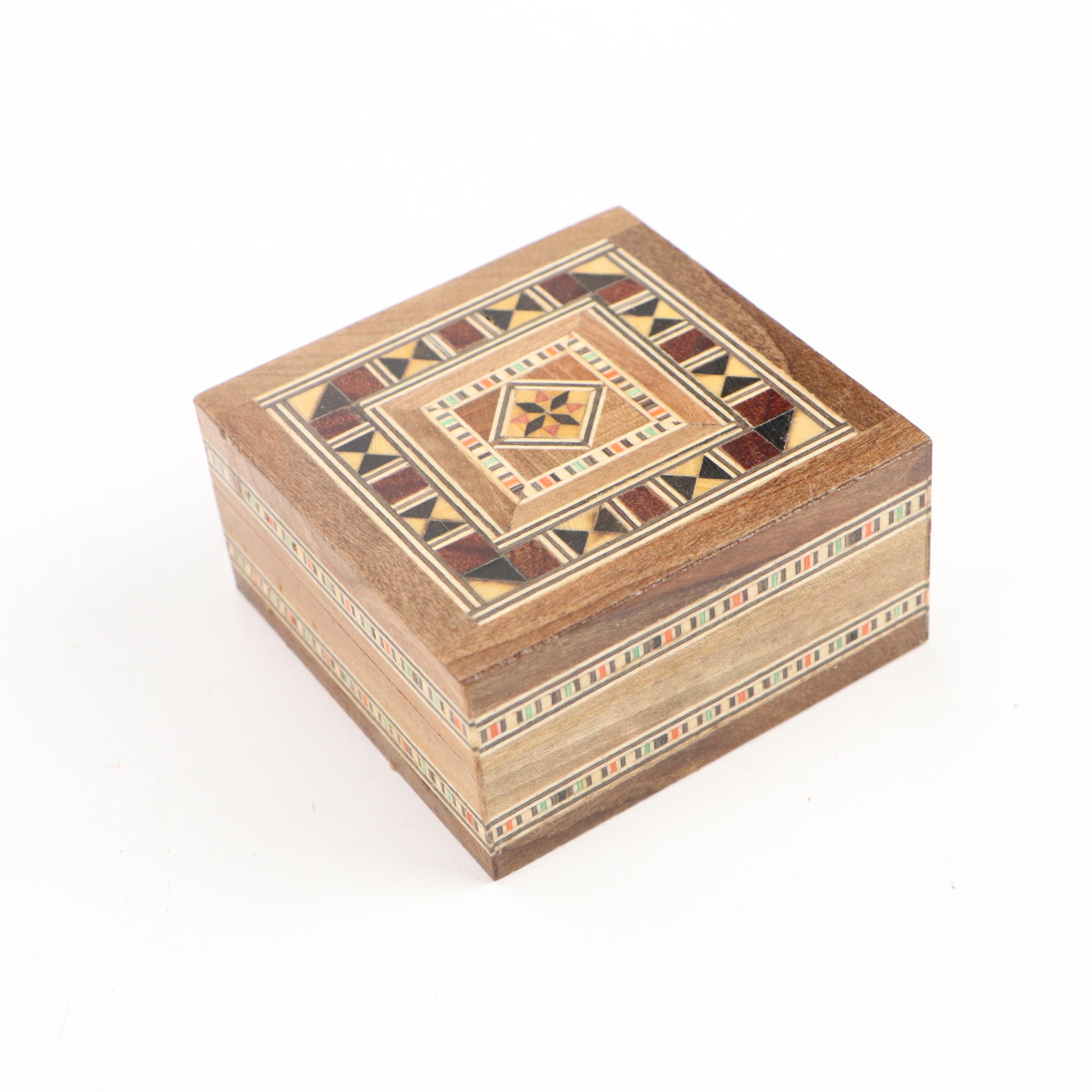 Mosaic Inlaid Wooden Boxes with Spanish Inlay Footed Music Box
