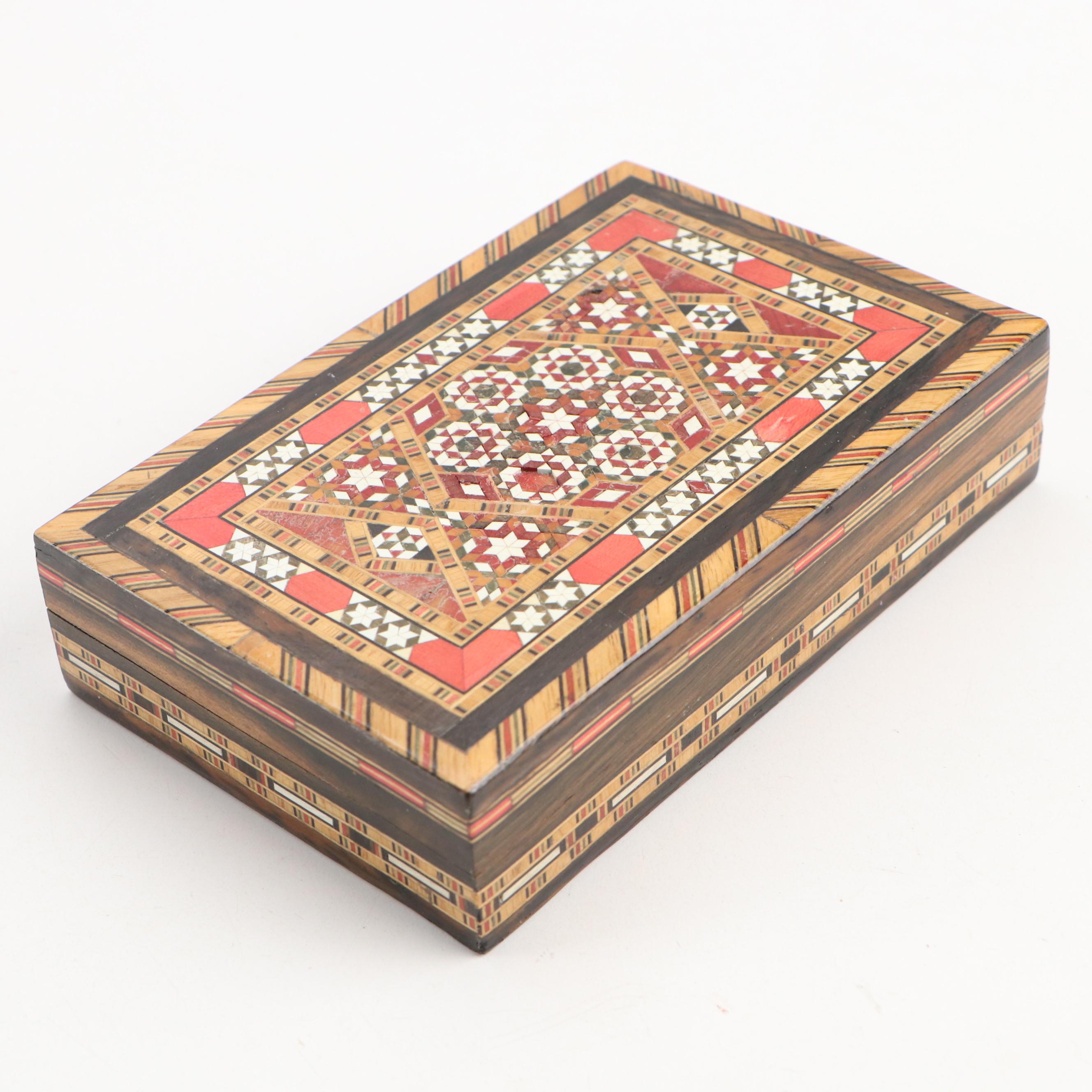 Mosaic Inlaid Wooden Boxes with Spanish Inlay Footed Music Box