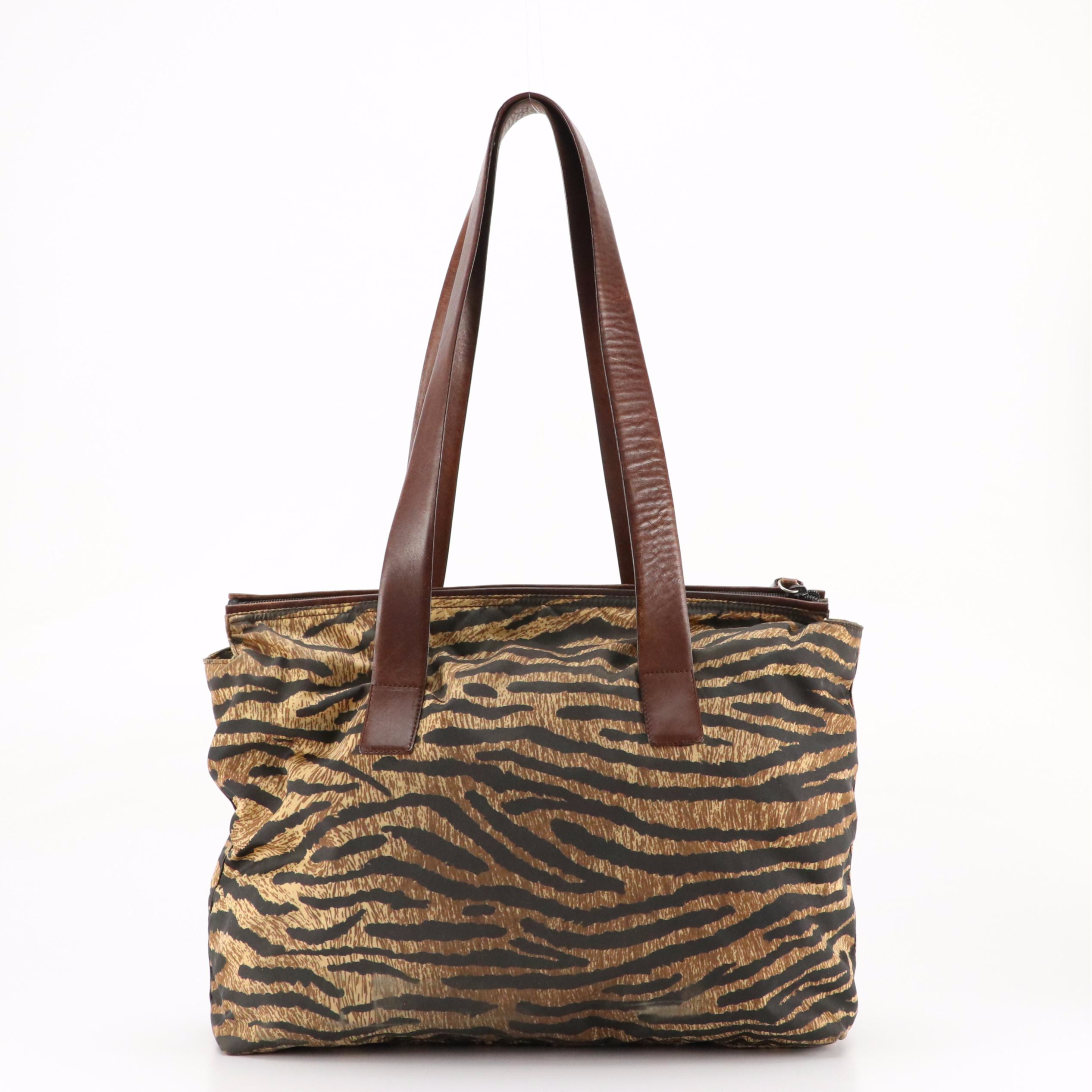 Prada Large Shoulder Bag in Tiger Print Tessuto Nylon with Leather Handles