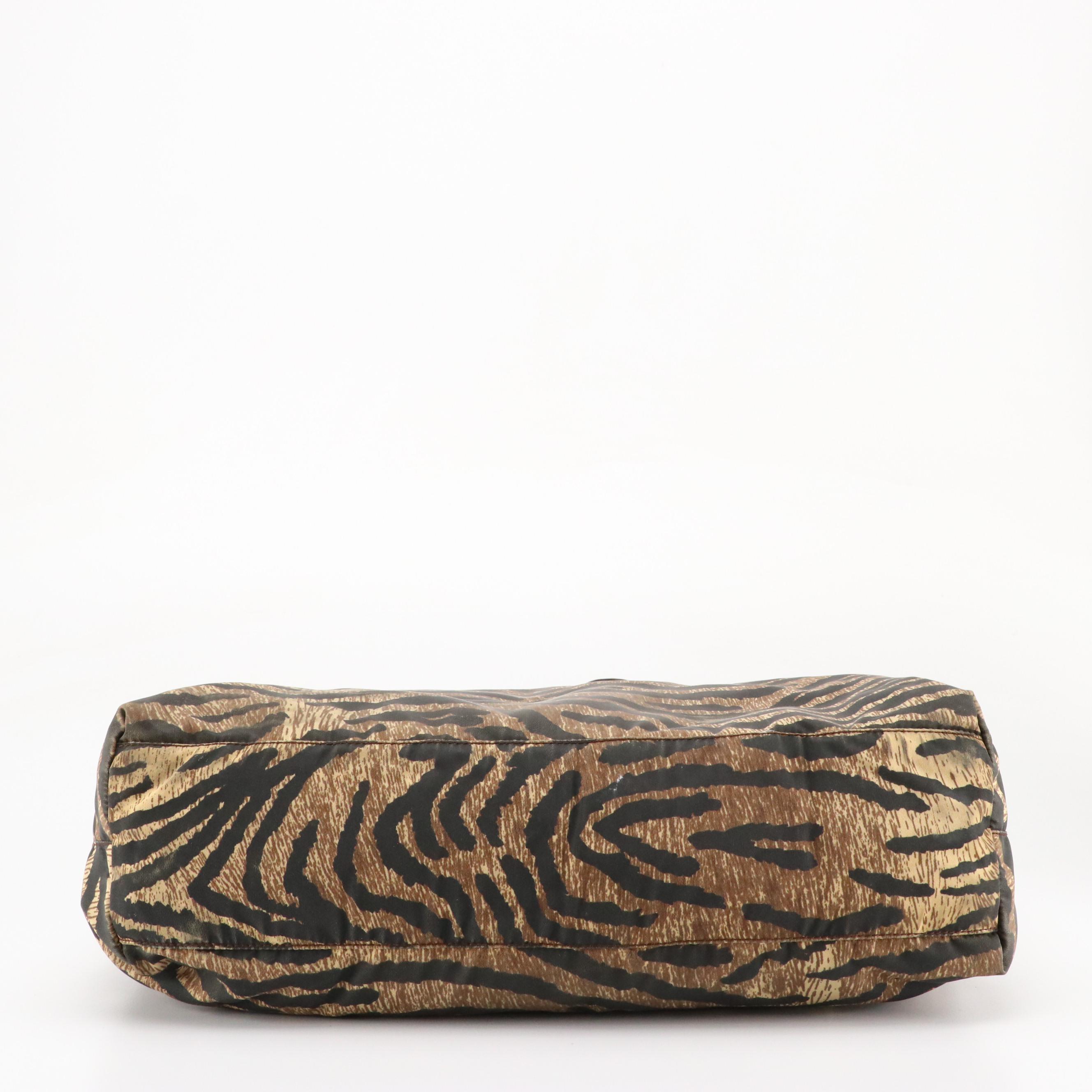 Prada Large Shoulder Bag in Tiger Print Tessuto Nylon with Leather Handles