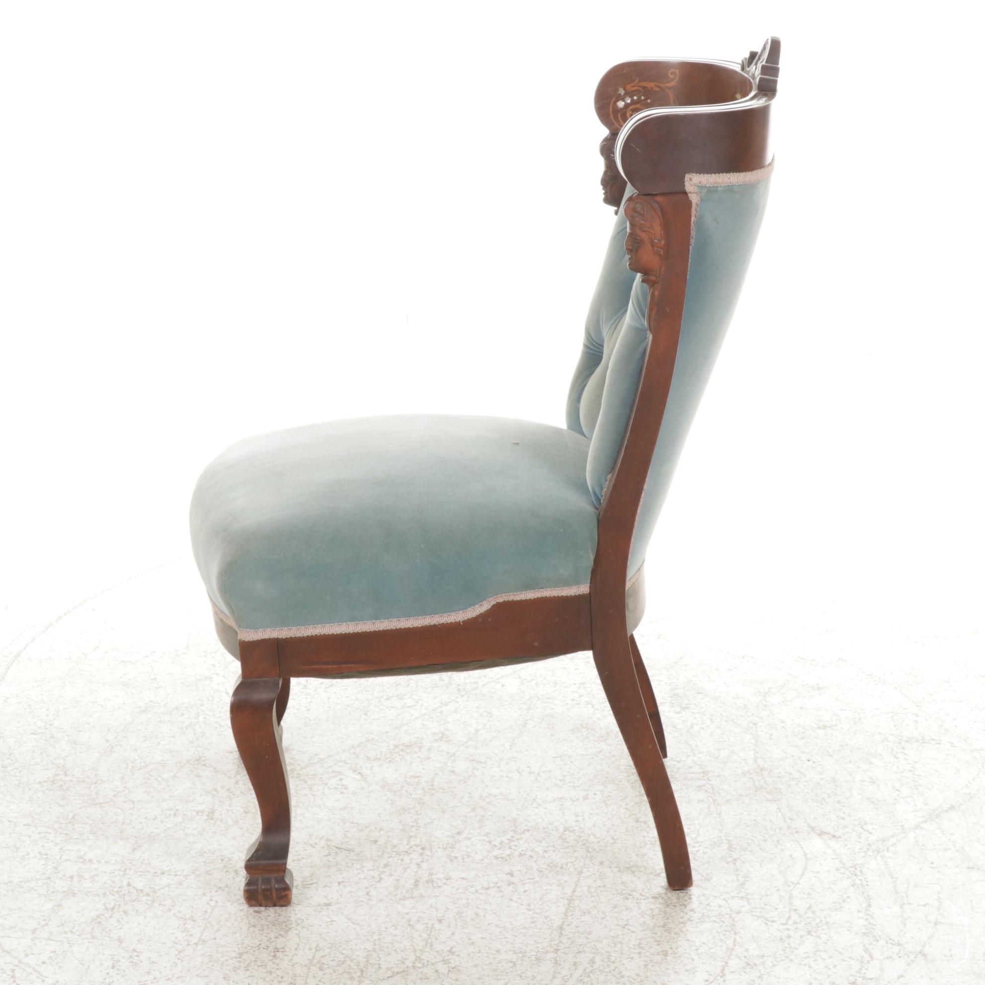 Victorian Mahogany Side Chair with Carved Faces and Mother of Pearl Inlay