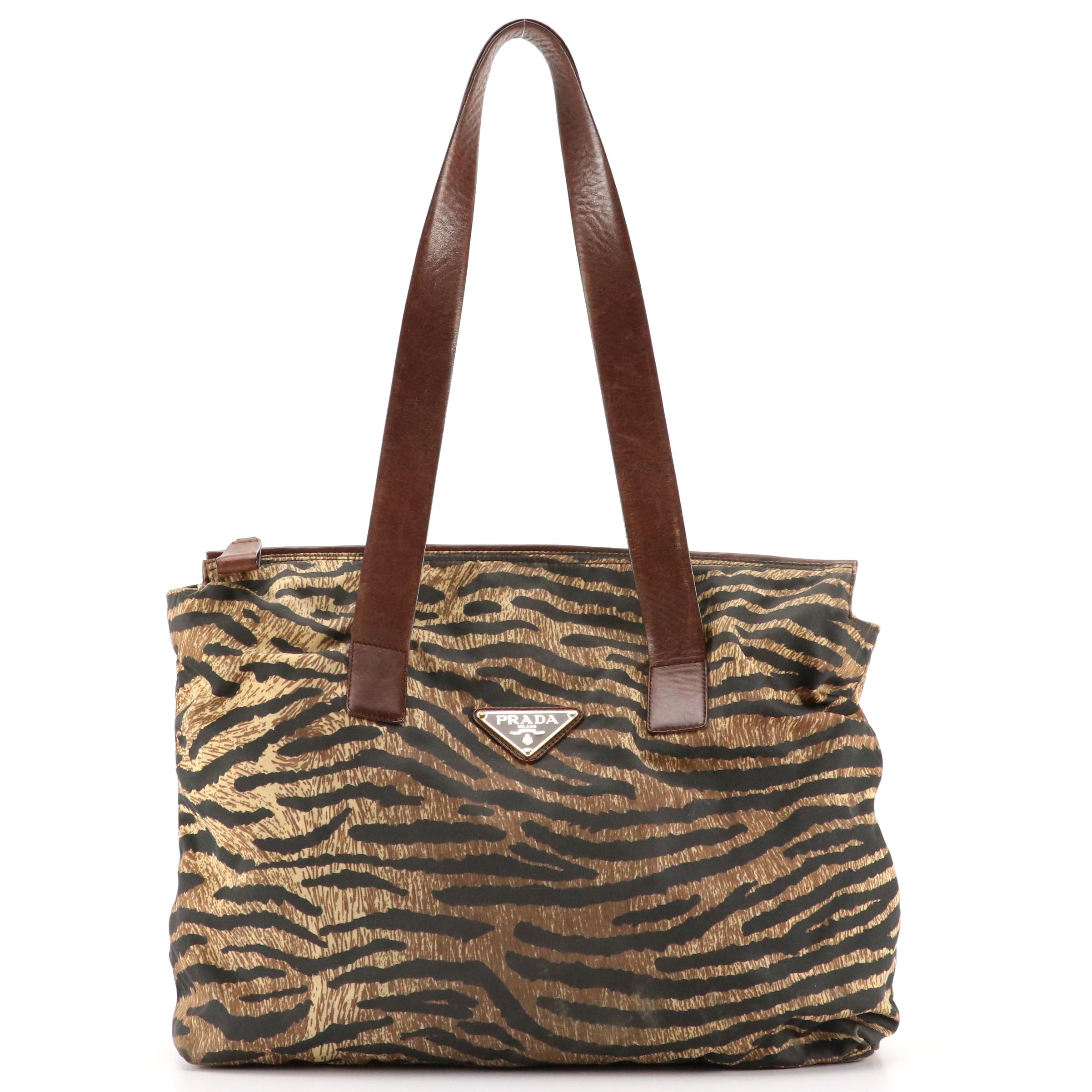 Prada Large Shoulder Bag in Tiger Print Tessuto Nylon with Leather Handles