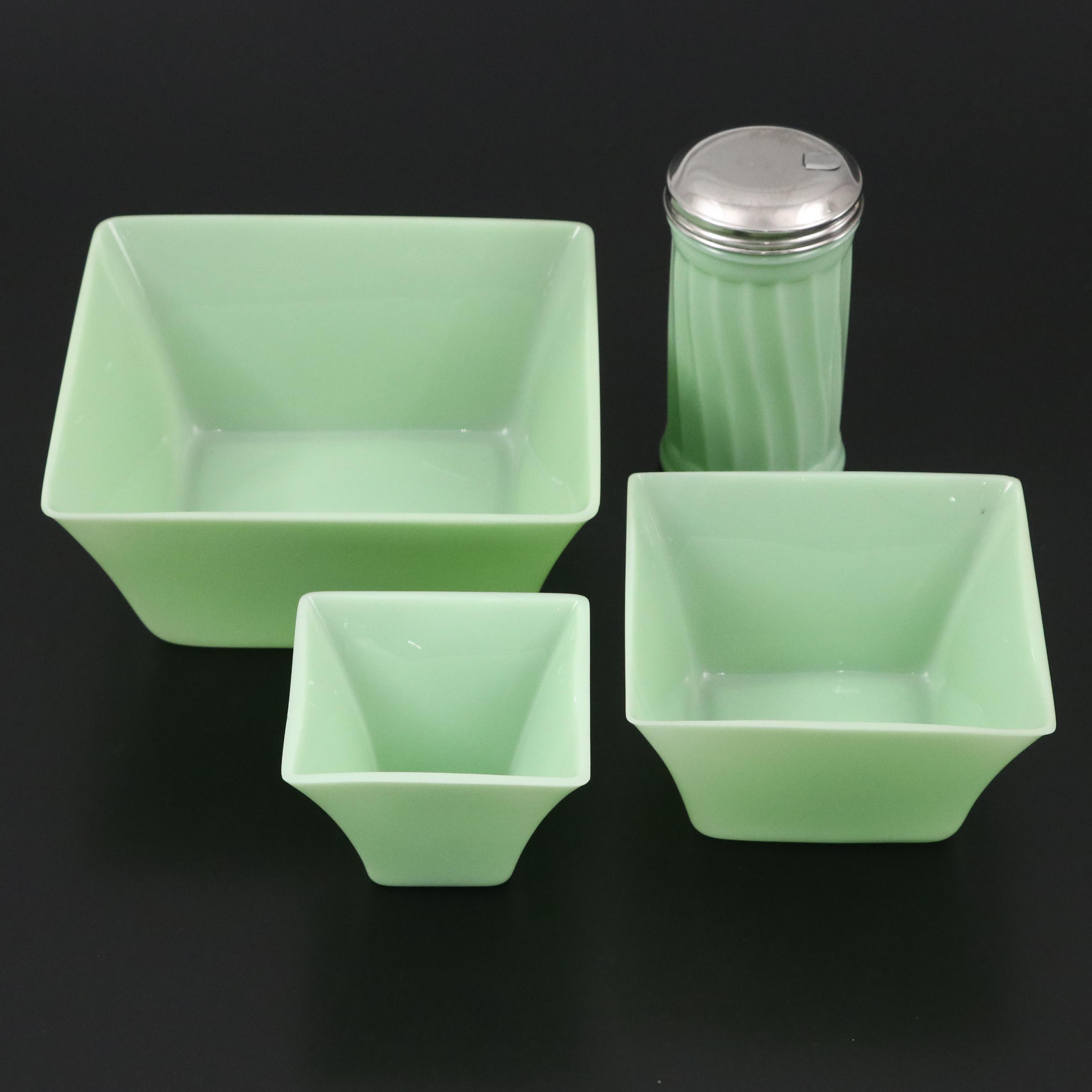 Jadeite Glass Serving Bowls and Sugar Shaker, Mid-20th Century