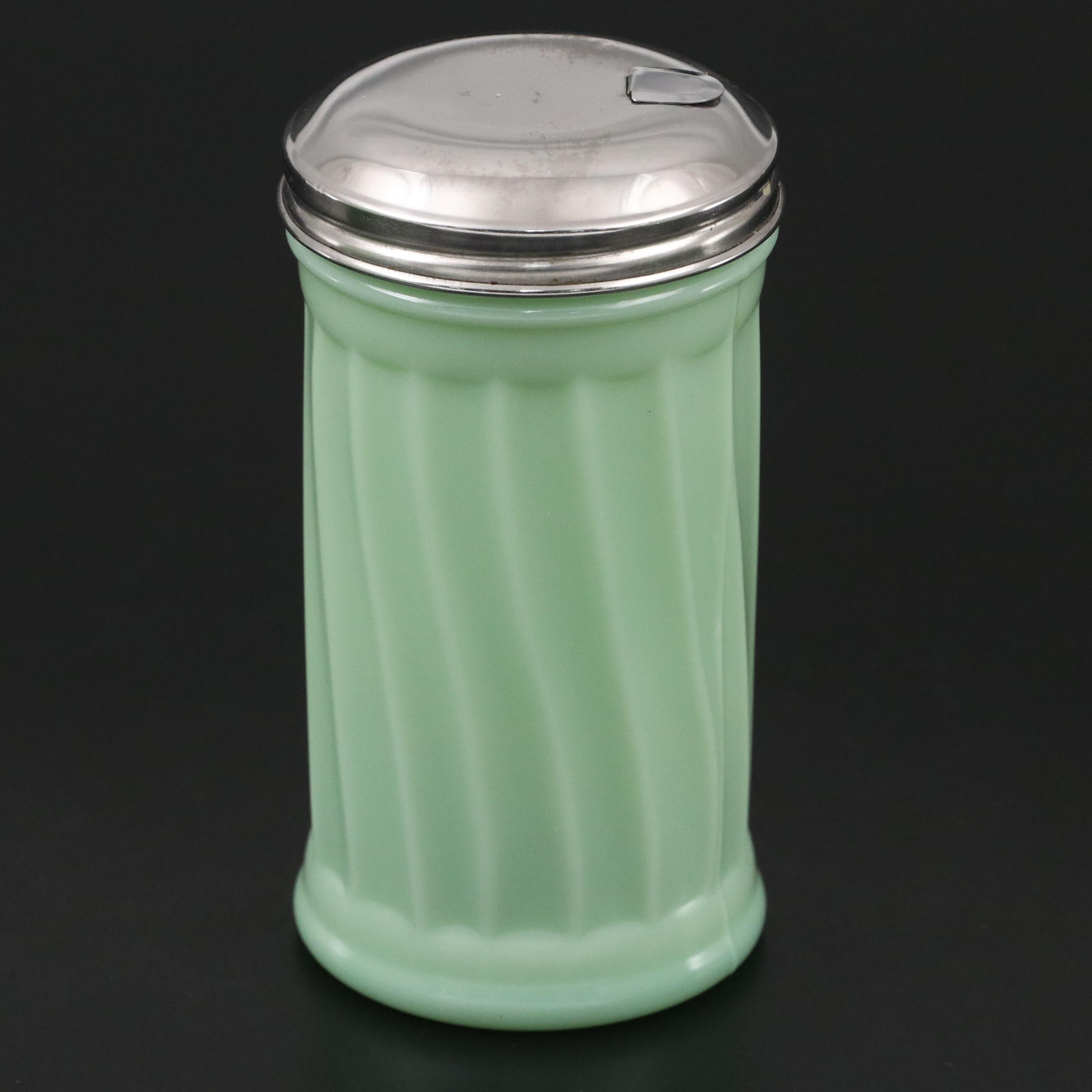 Jadeite Glass Serving Bowls and Sugar Shaker, Mid-20th Century