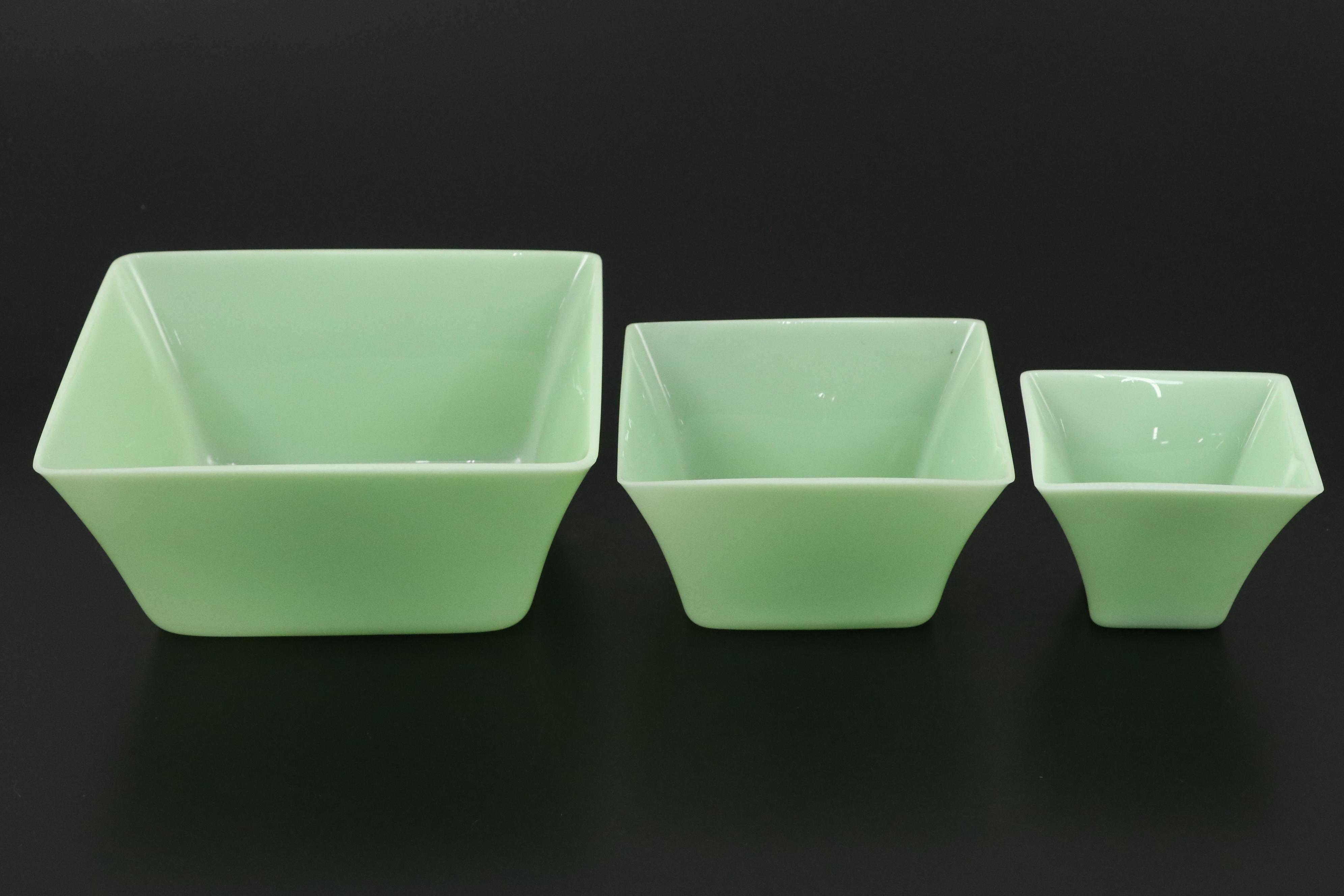 Jadeite Glass Serving Bowls and Sugar Shaker, Mid-20th Century