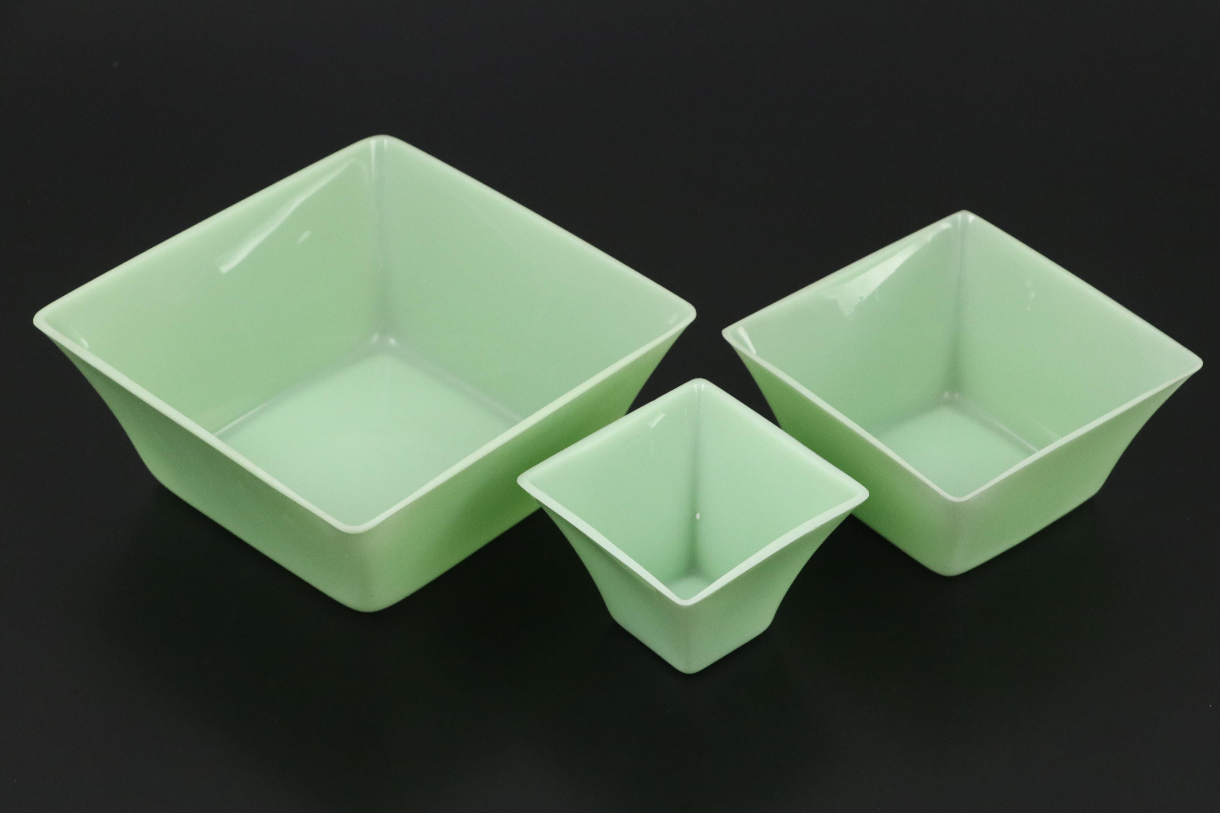 Jadeite Glass Serving Bowls and Sugar Shaker, Mid-20th Century