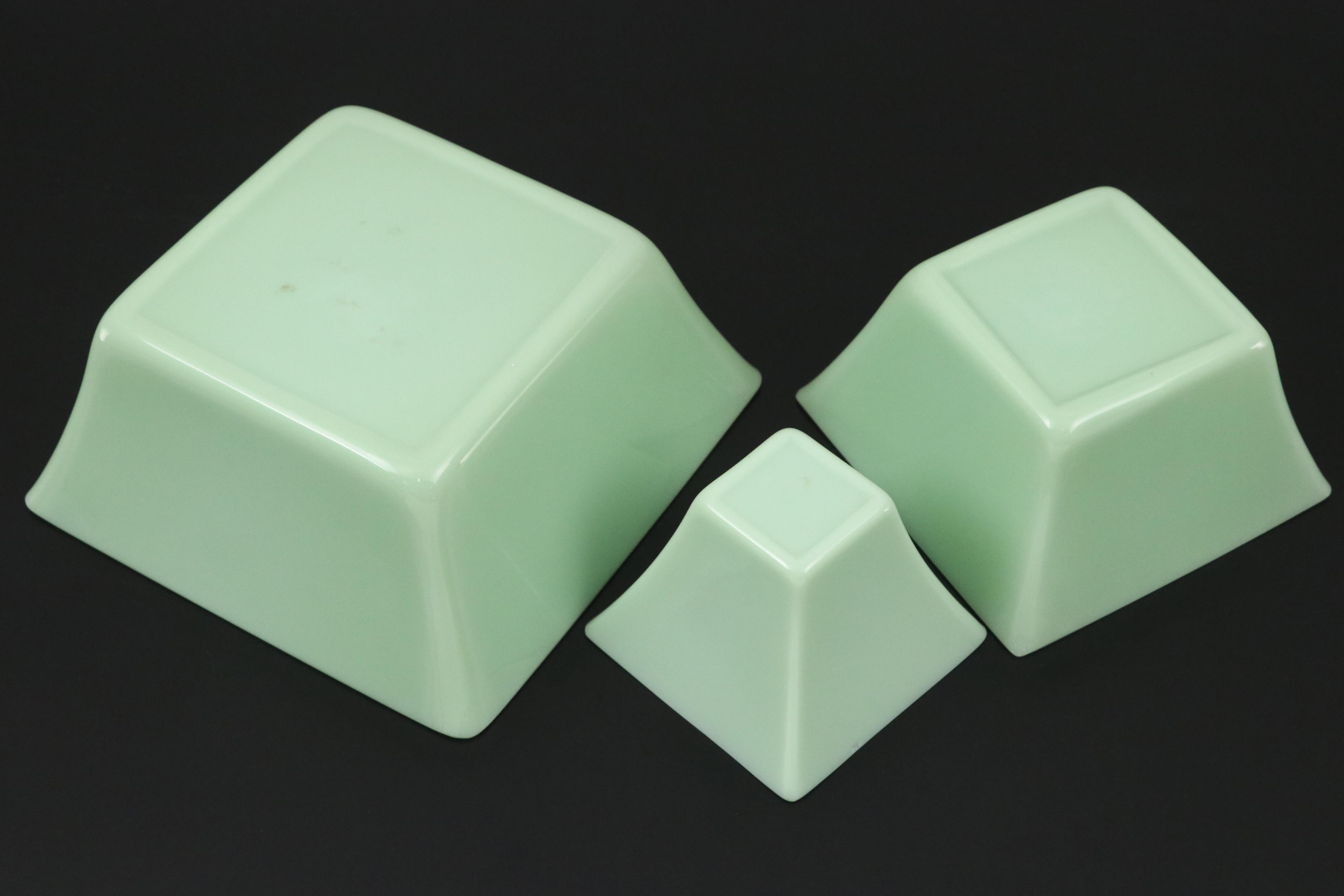 Jadeite Glass Serving Bowls and Sugar Shaker, Mid-20th Century