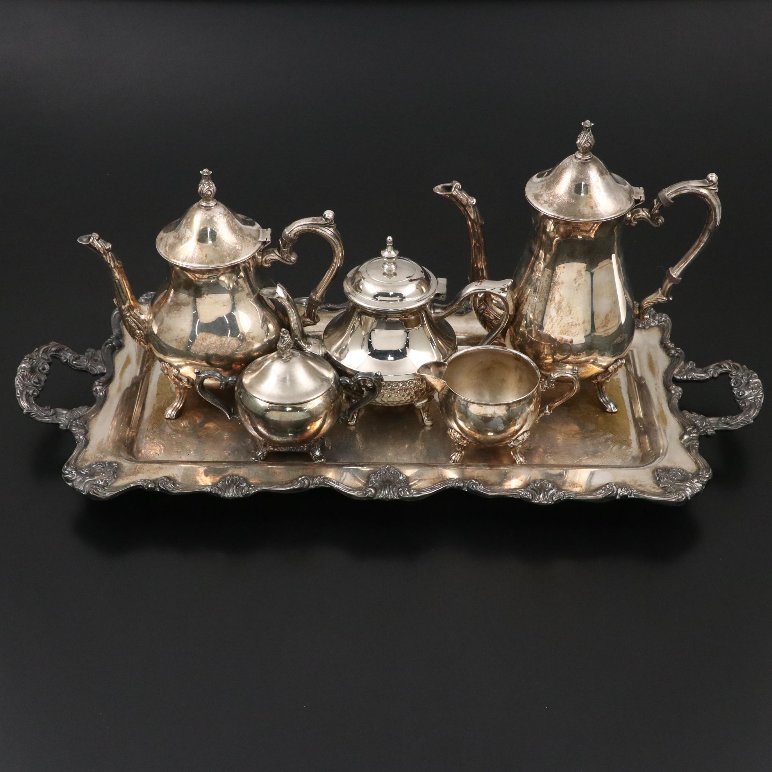 Acanthus Silver Plate Tea and Coffee Service with Hammered Silver Plate Teapot