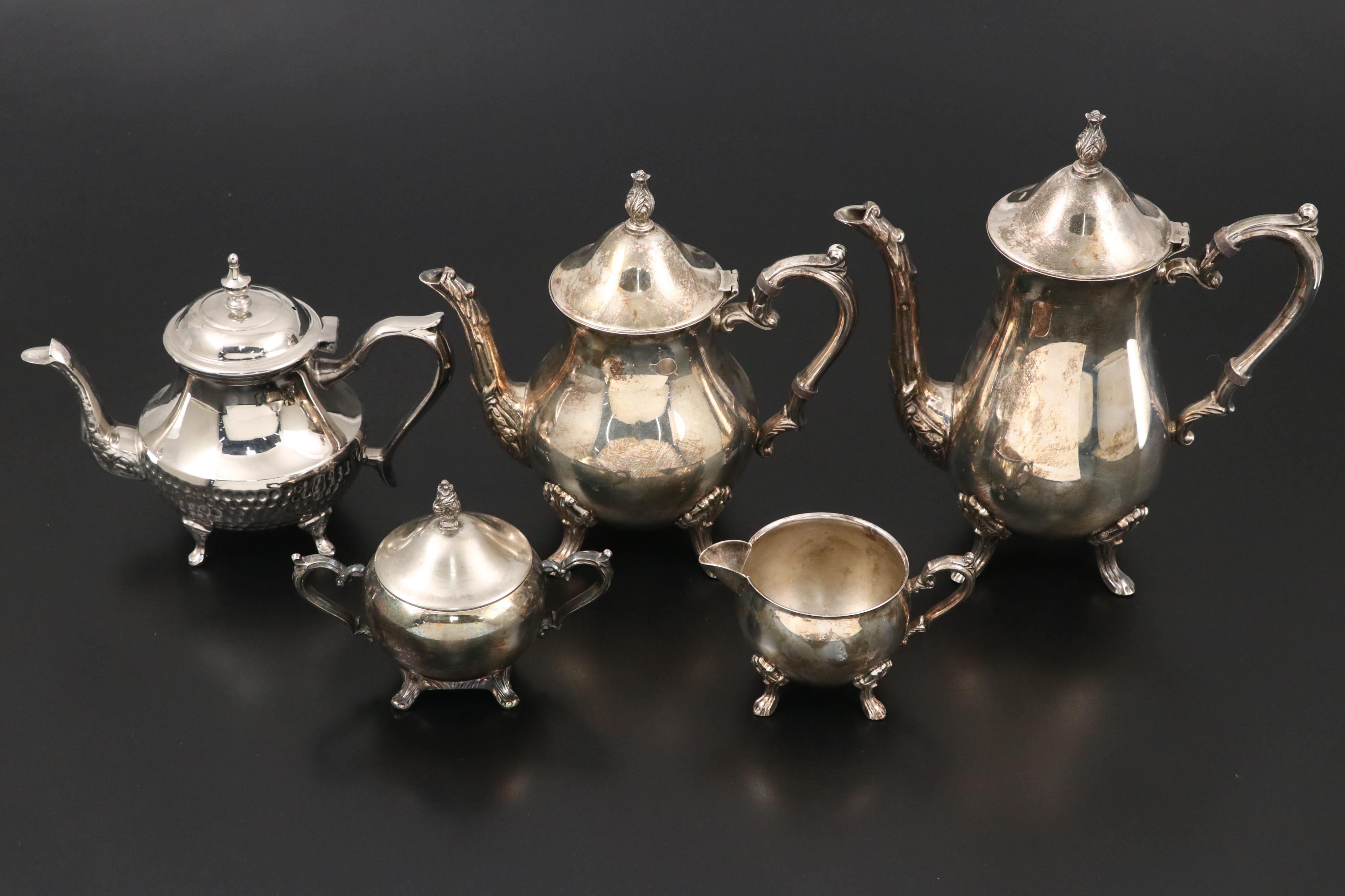 Acanthus Silver Plate Tea and Coffee Service with Hammered Silver Plate Teapot
