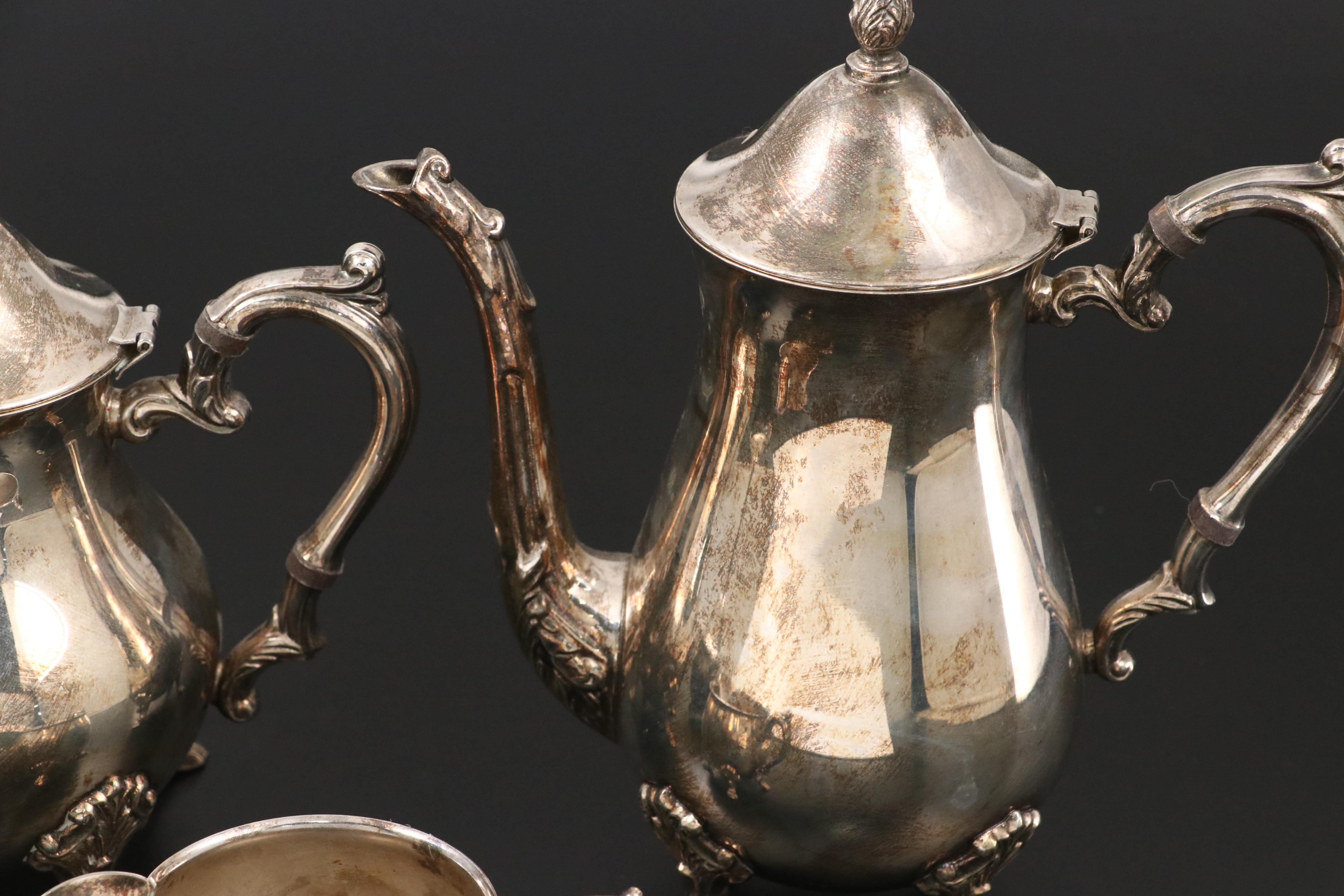 Acanthus Silver Plate Tea and Coffee Service with Hammered Silver Plate Teapot