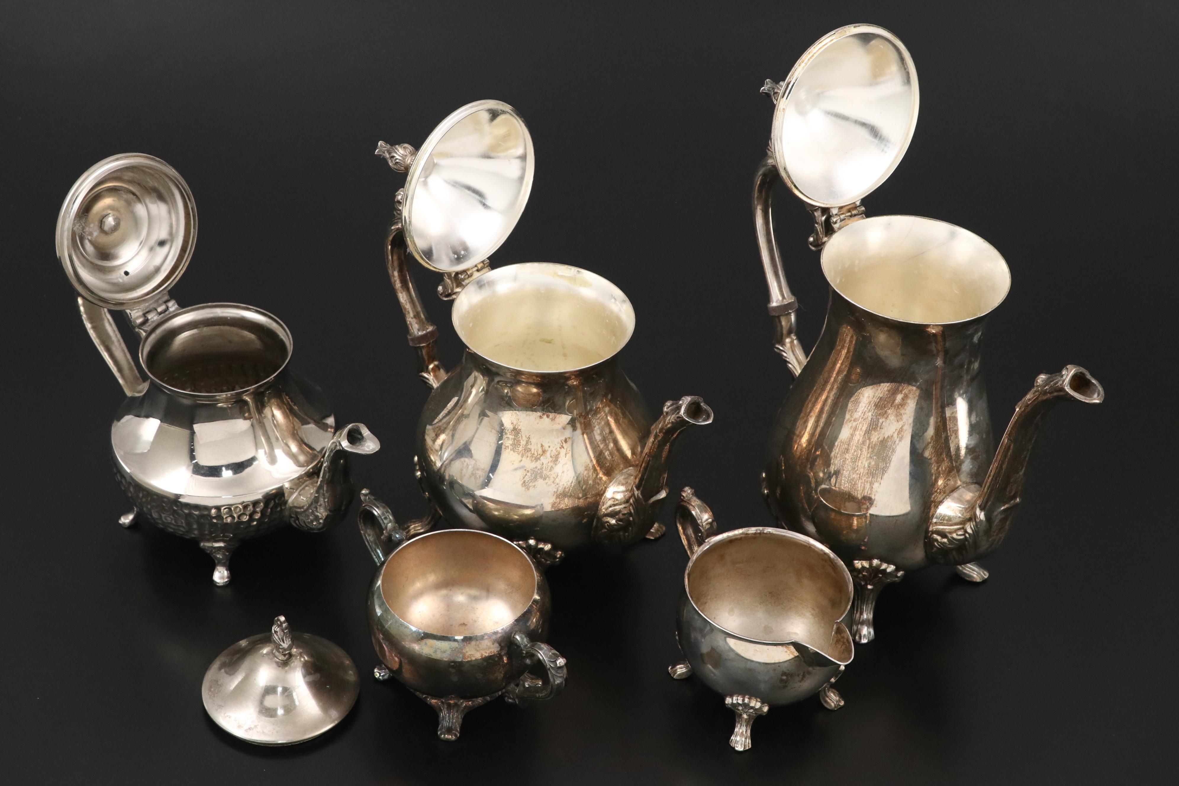 Acanthus Silver Plate Tea and Coffee Service with Hammered Silver Plate Teapot