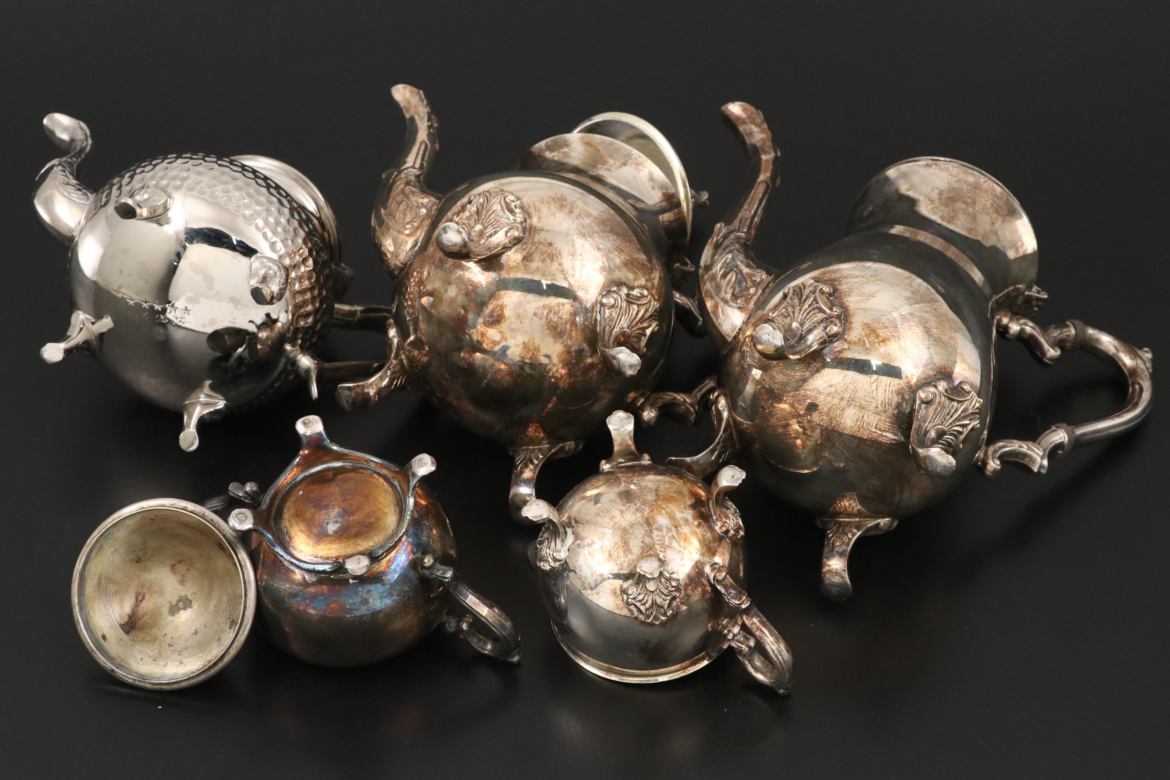 Acanthus Silver Plate Tea and Coffee Service with Hammered Silver Plate Teapot