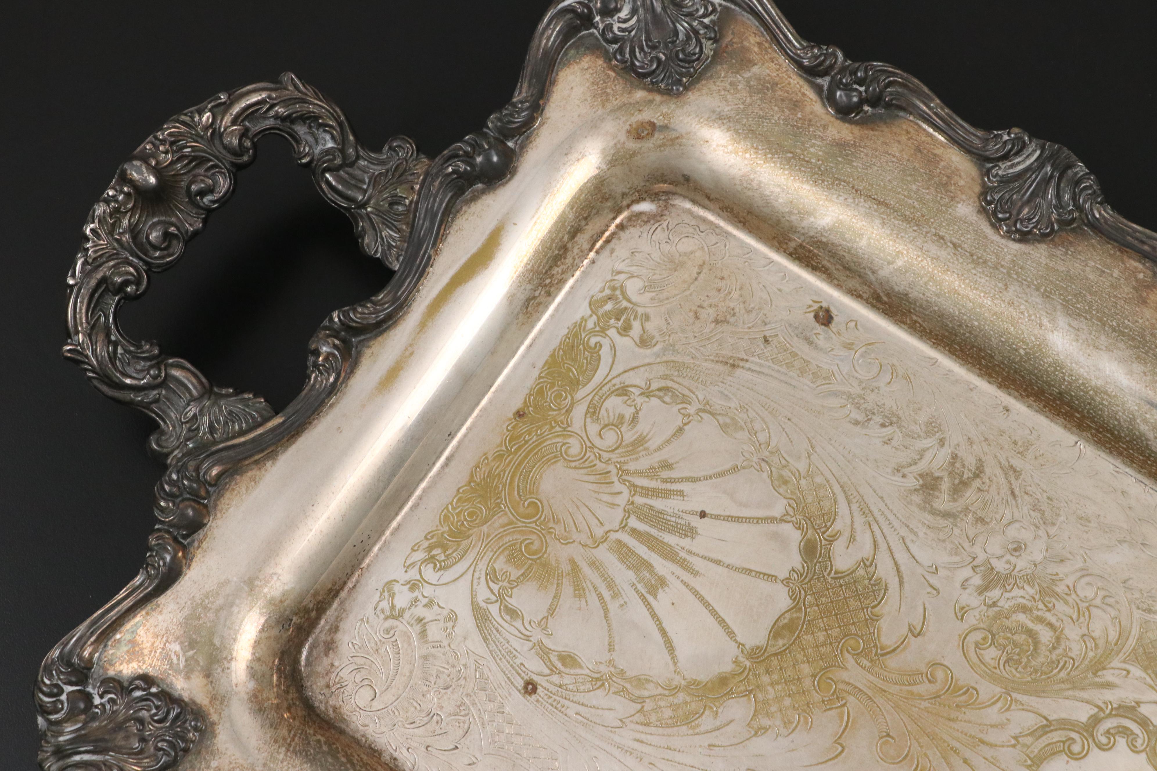 Acanthus Silver Plate Tea and Coffee Service with Hammered Silver Plate Teapot