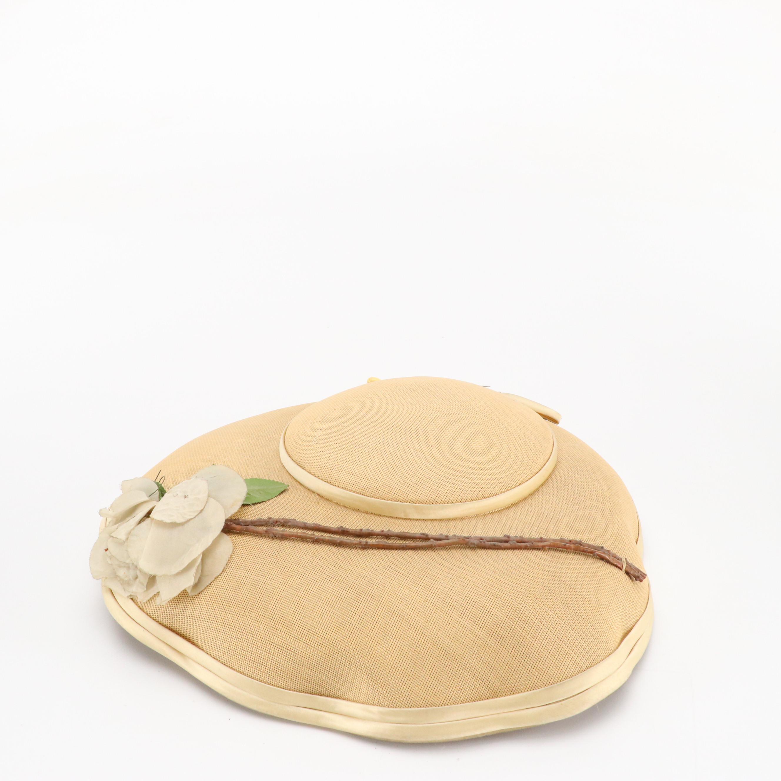 Vintage Jan Leslie Pom-Pom Hat and Other Disc Hats with Peony Floral Hat Box