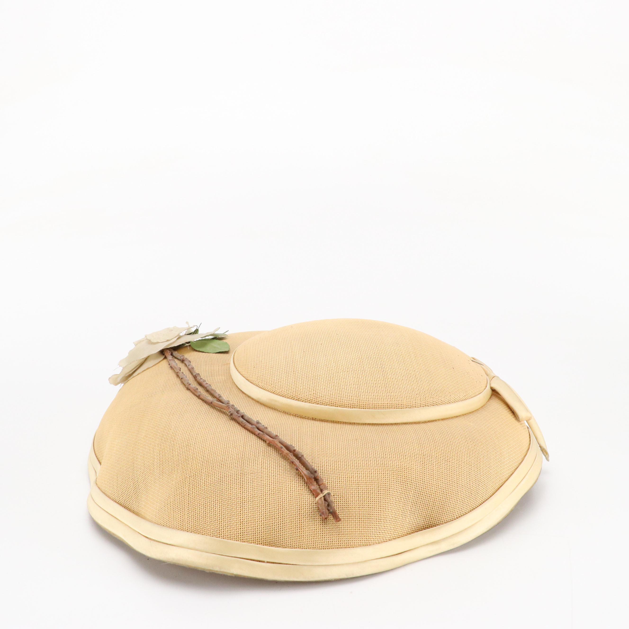 Vintage Jan Leslie Pom-Pom Hat and Other Disc Hats with Peony Floral Hat Box