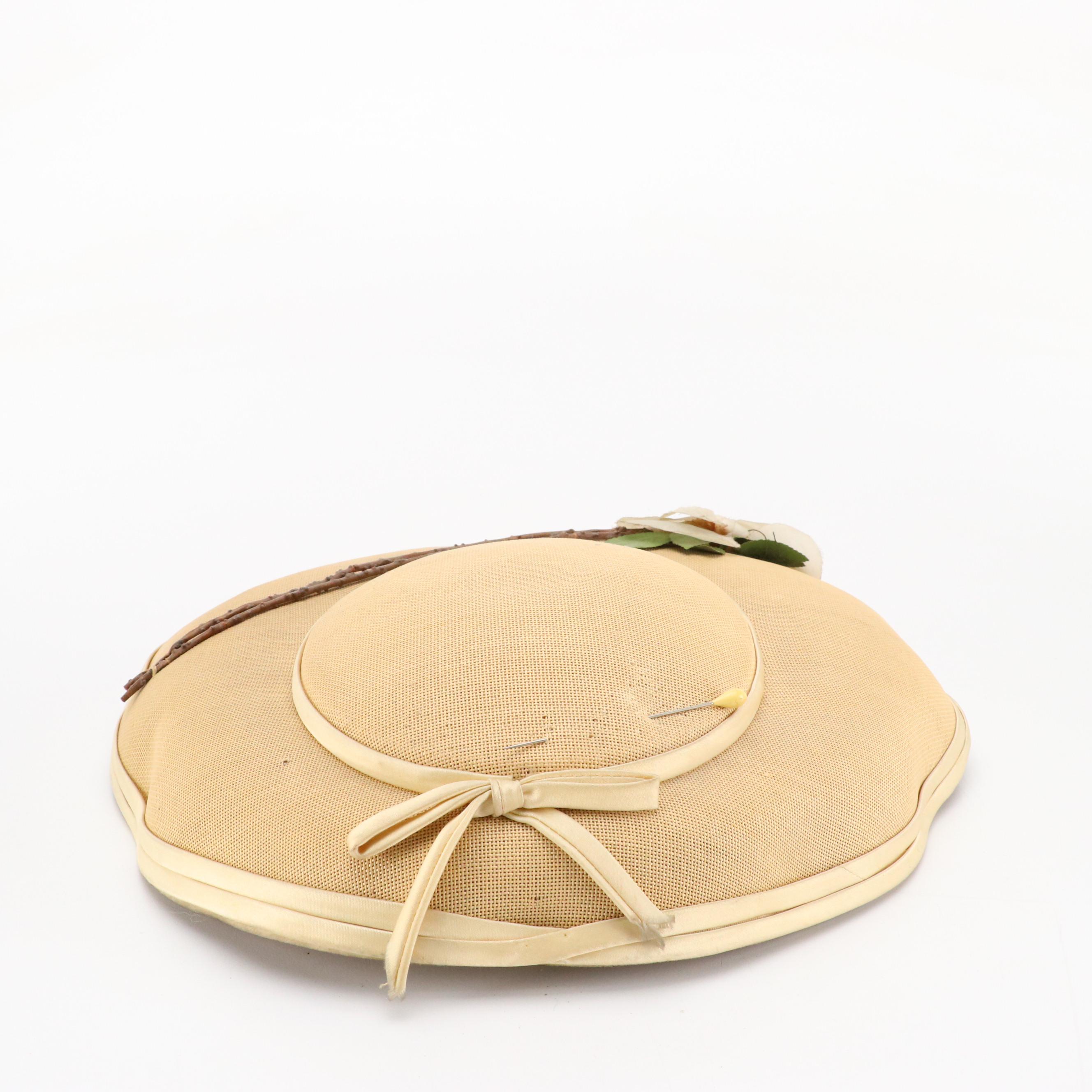 Vintage Jan Leslie Pom-Pom Hat and Other Disc Hats with Peony Floral Hat Box