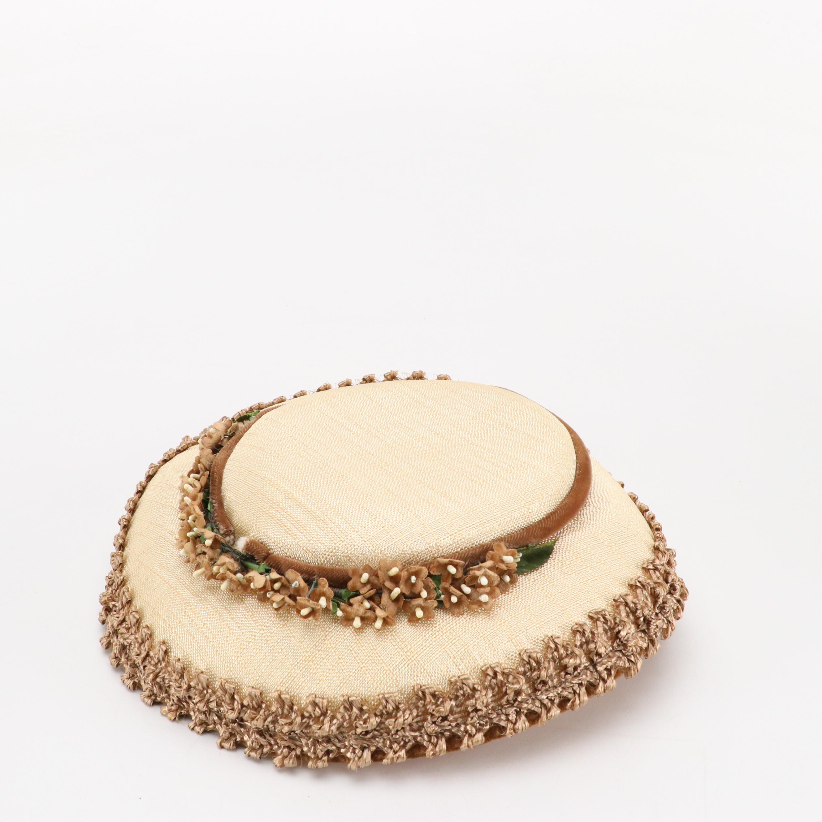 Vintage Jan Leslie Pom-Pom Hat and Other Disc Hats with Peony Floral Hat Box