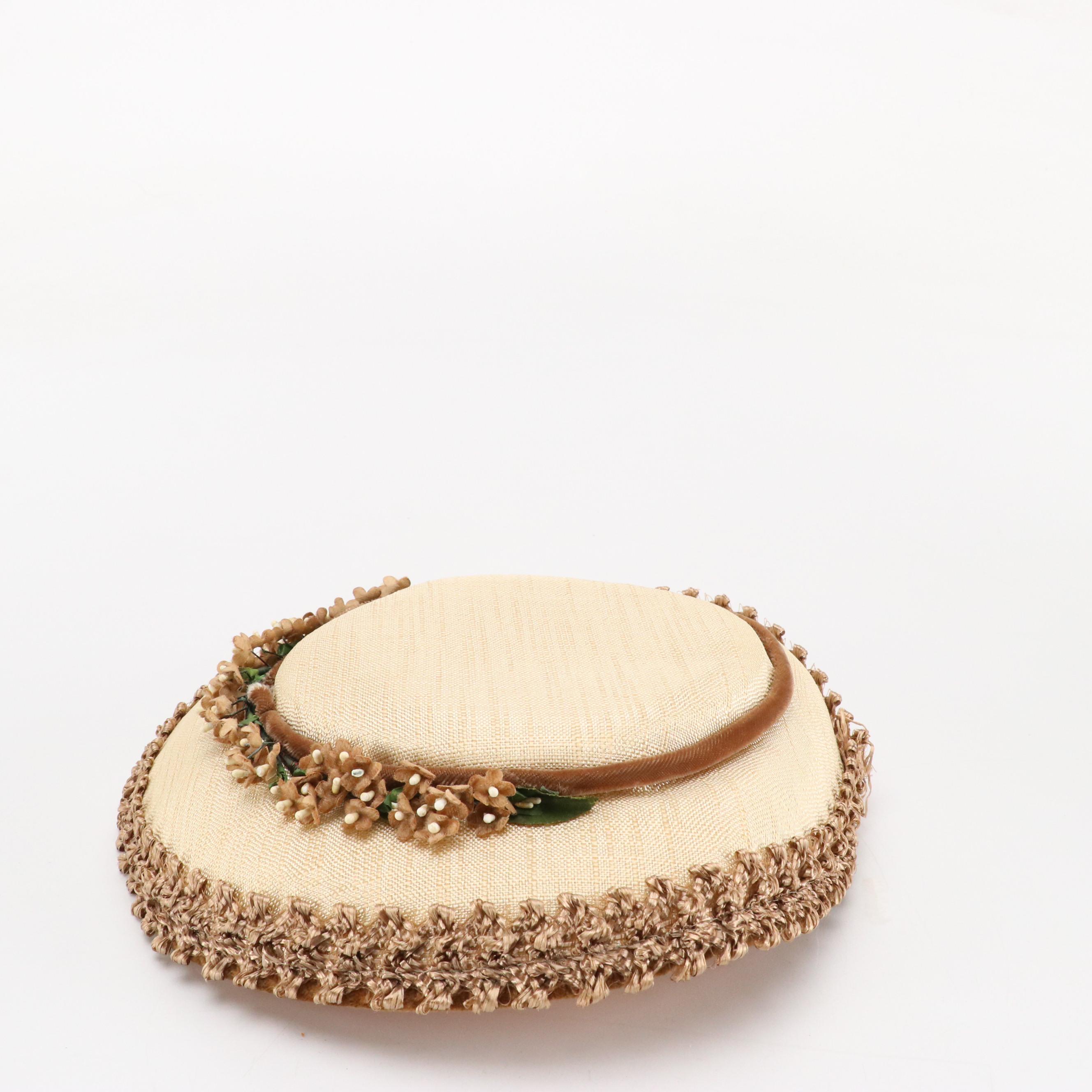 Vintage Jan Leslie Pom-Pom Hat and Other Disc Hats with Peony Floral Hat Box