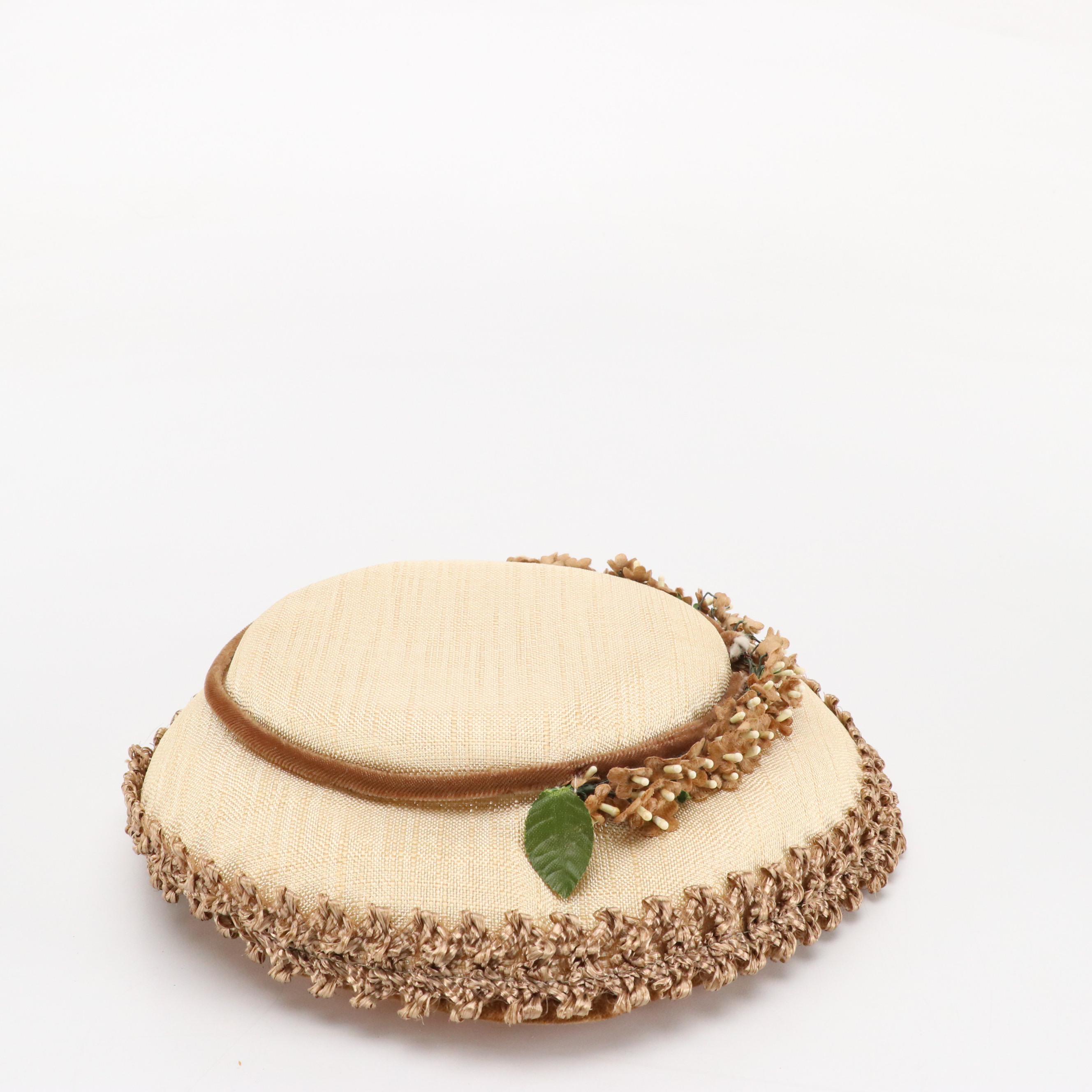 Vintage Jan Leslie Pom-Pom Hat and Other Disc Hats with Peony Floral Hat Box