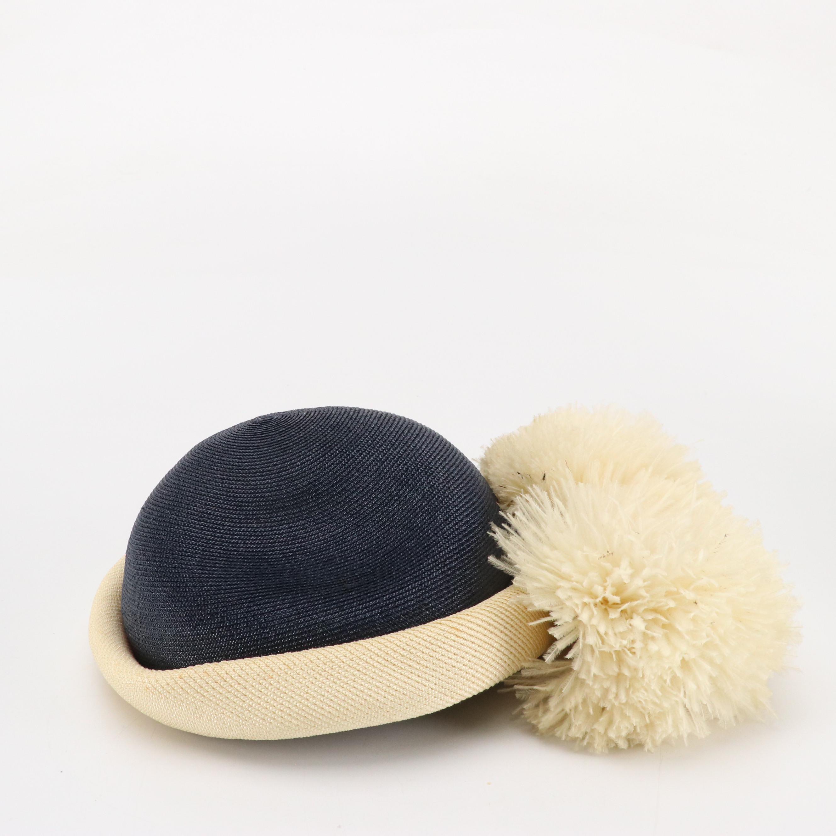 Vintage Jan Leslie Pom-Pom Hat and Other Disc Hats with Peony Floral Hat Box