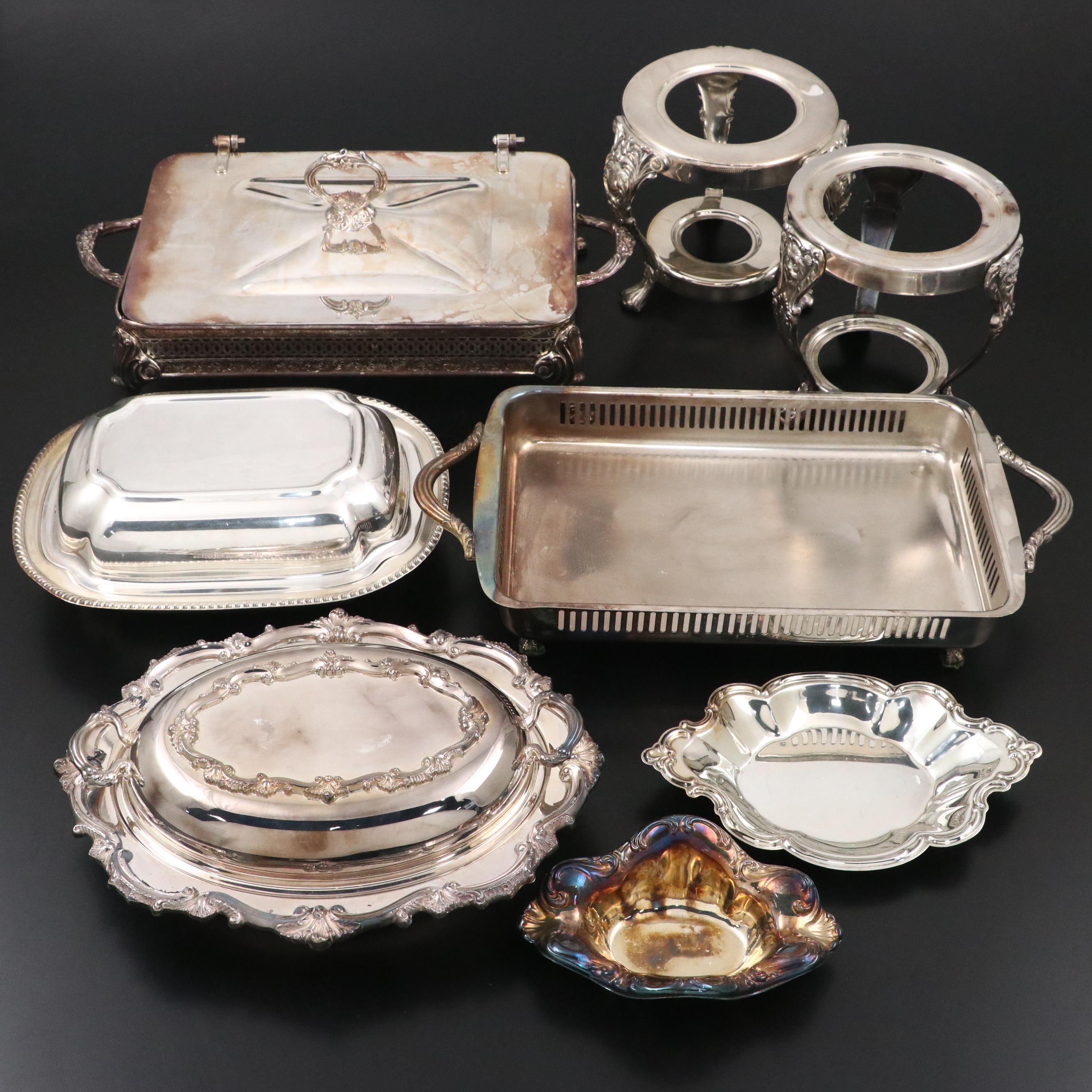 Crosby Silver Plate Casserole with Bristol Tray and Other Serverware, 20th C.