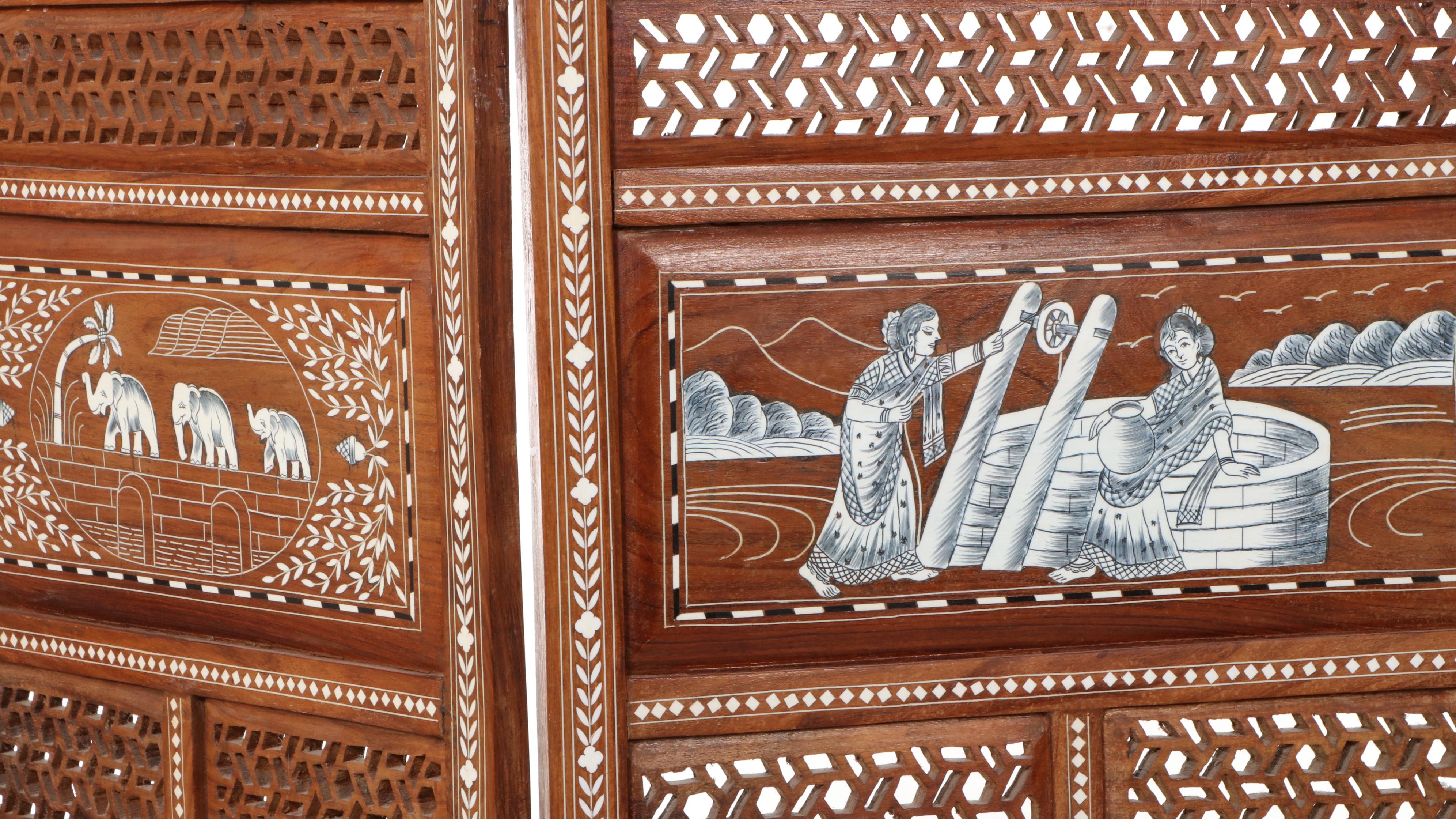 Indo-Persian Pierced Teak Wood and Bone Inlay Three-Panel Screen