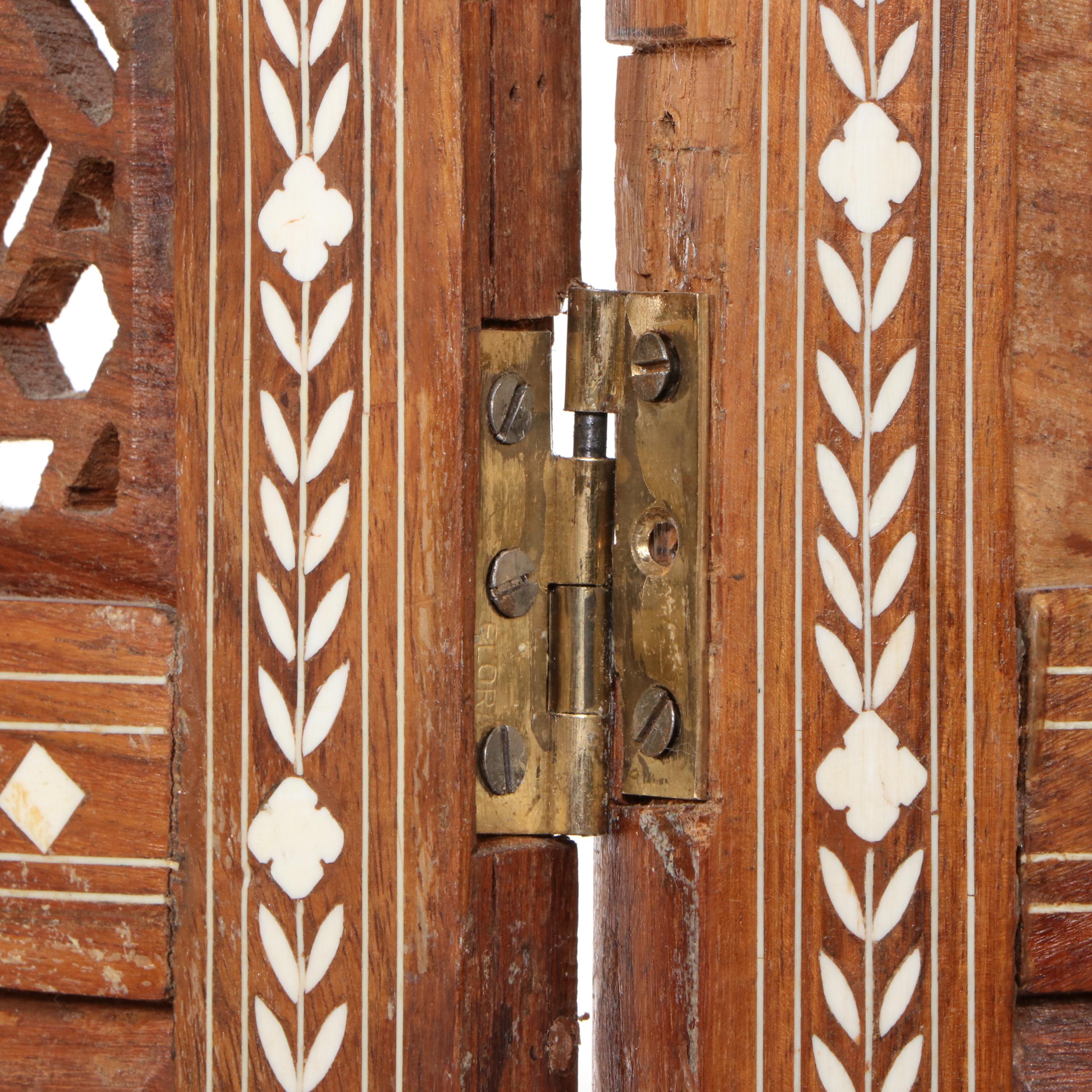 Indo-Persian Pierced Teak Wood and Bone Inlay Three-Panel Screen