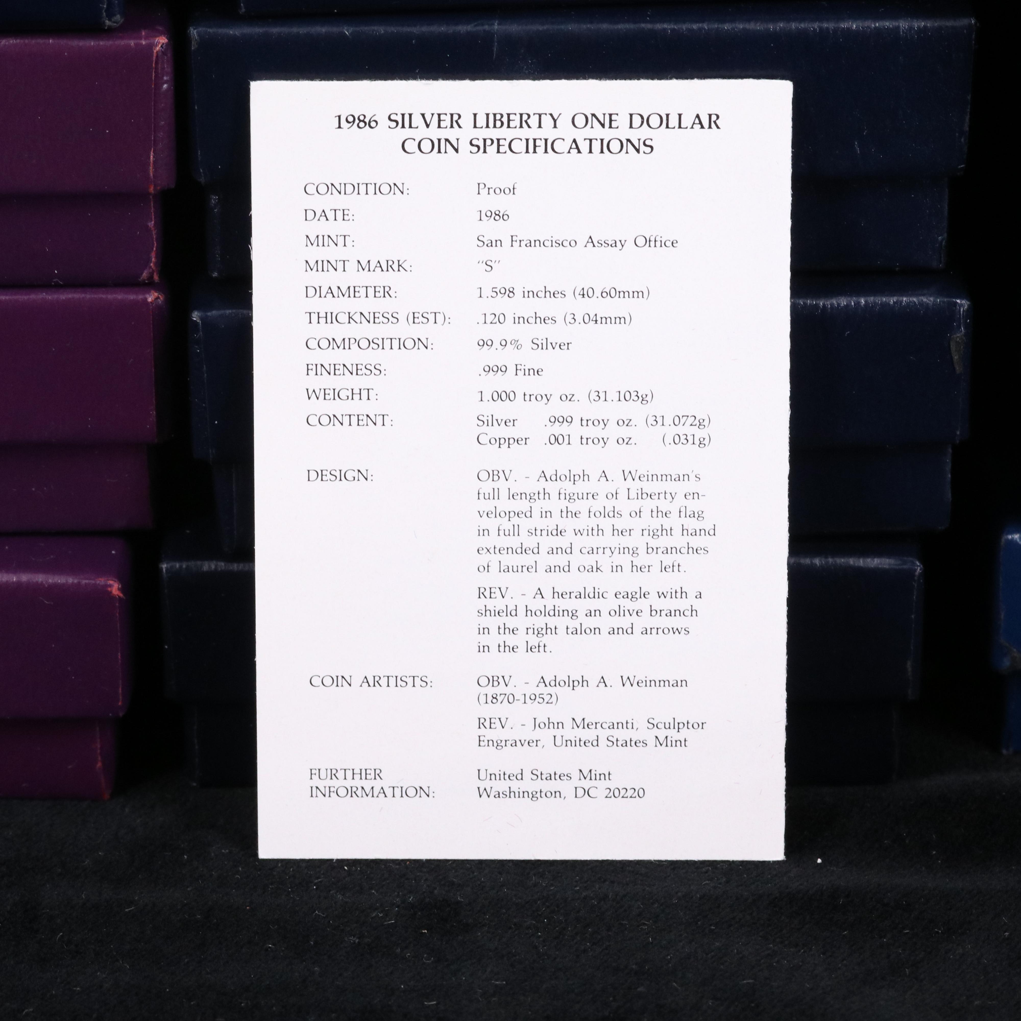 Twenty American Silver Eagle Proof Coins from 1986-2005