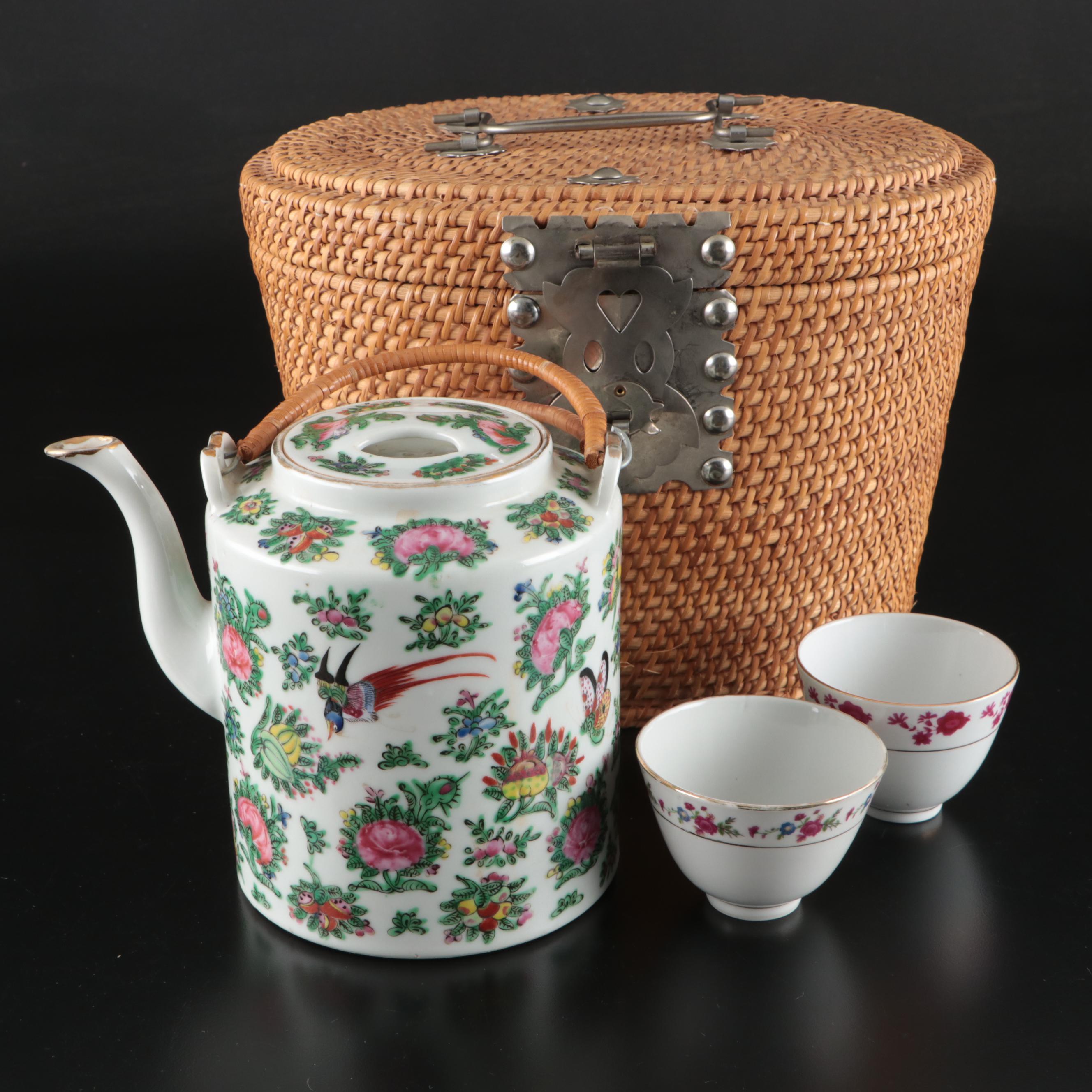 Chinese Famille Rose Porcelain Teapot with Teacups and Basket